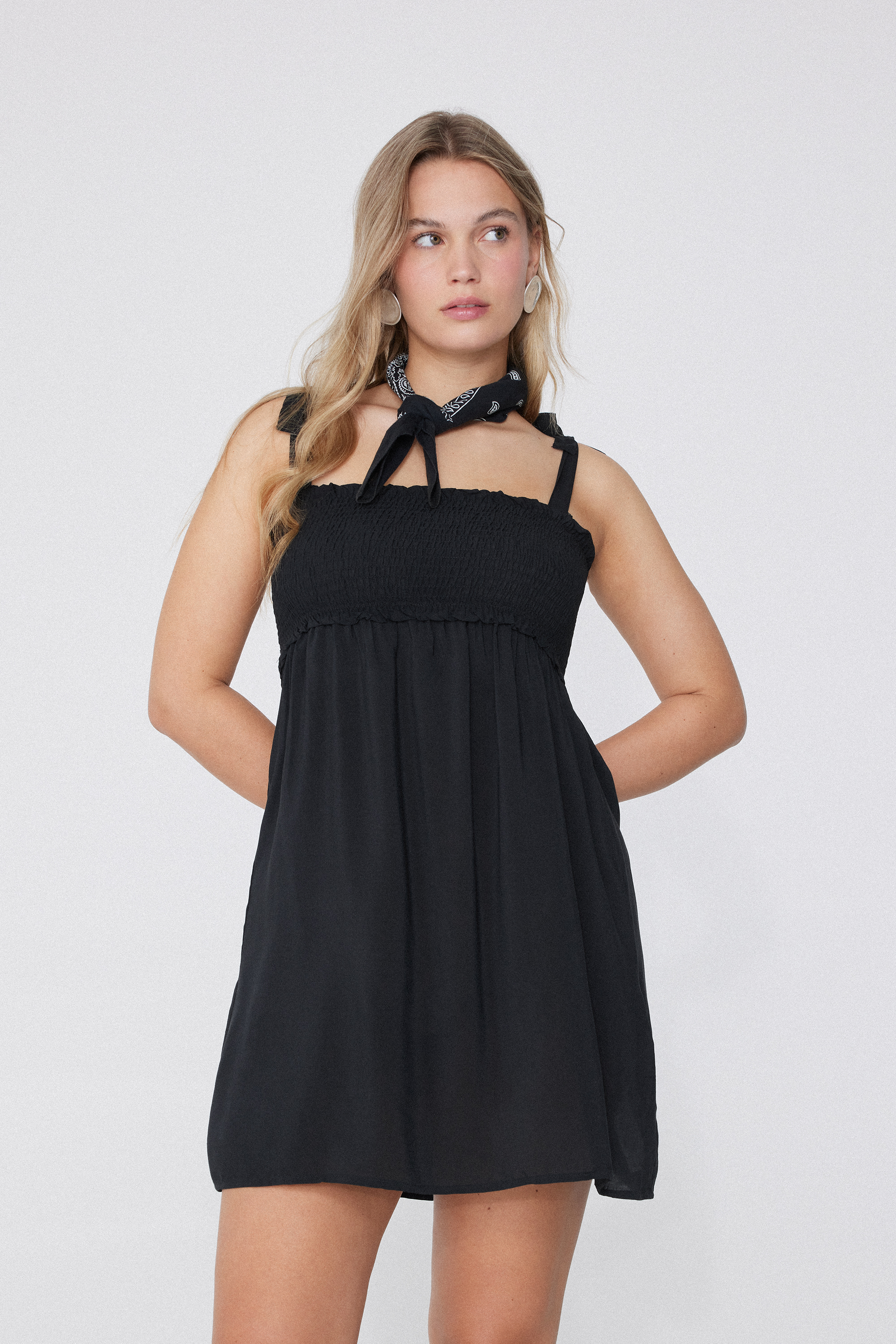 Smocked Viscose Fabric Mini Dress