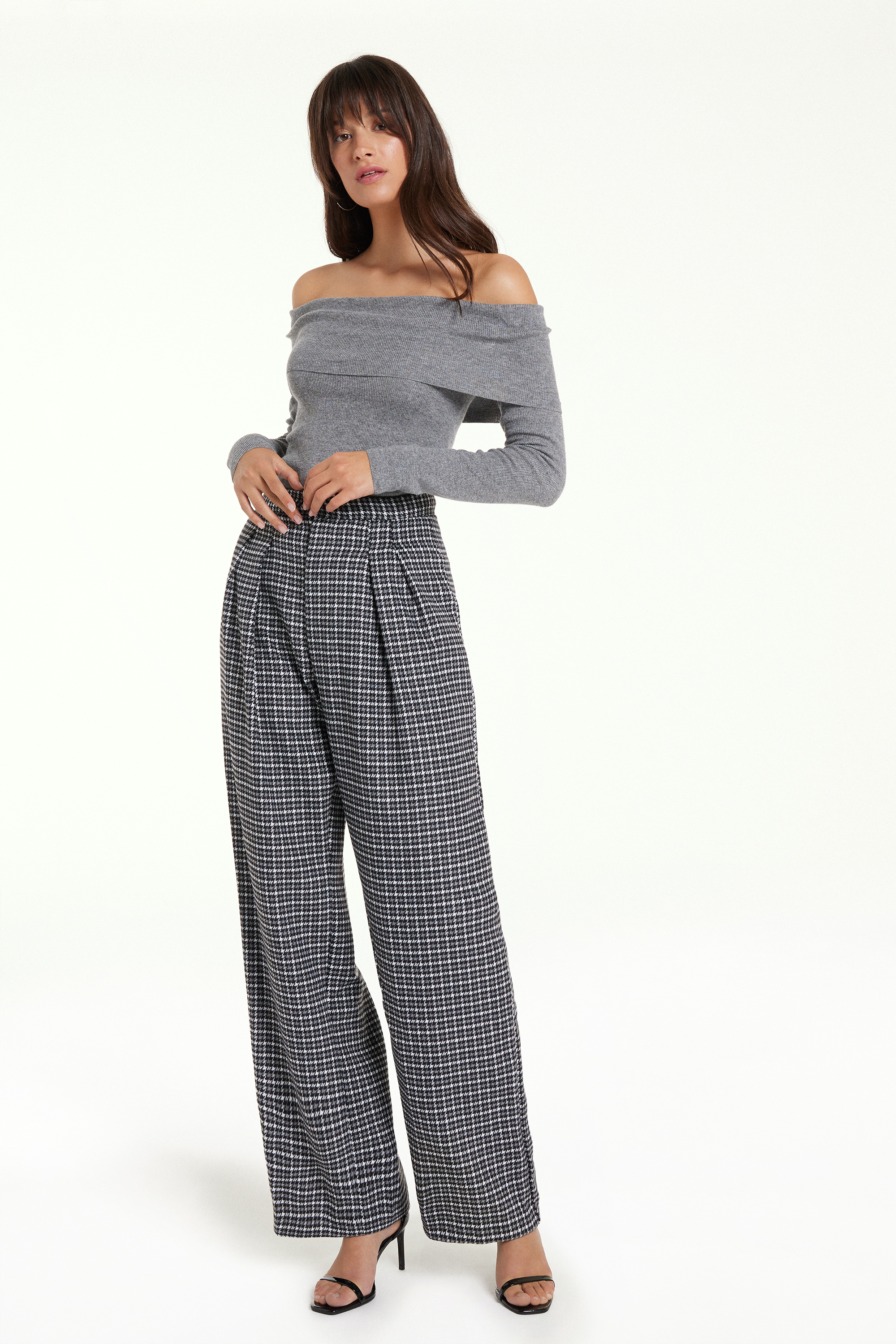 Pantalon Large Chaud Taille Haute Tweed à Carreaux