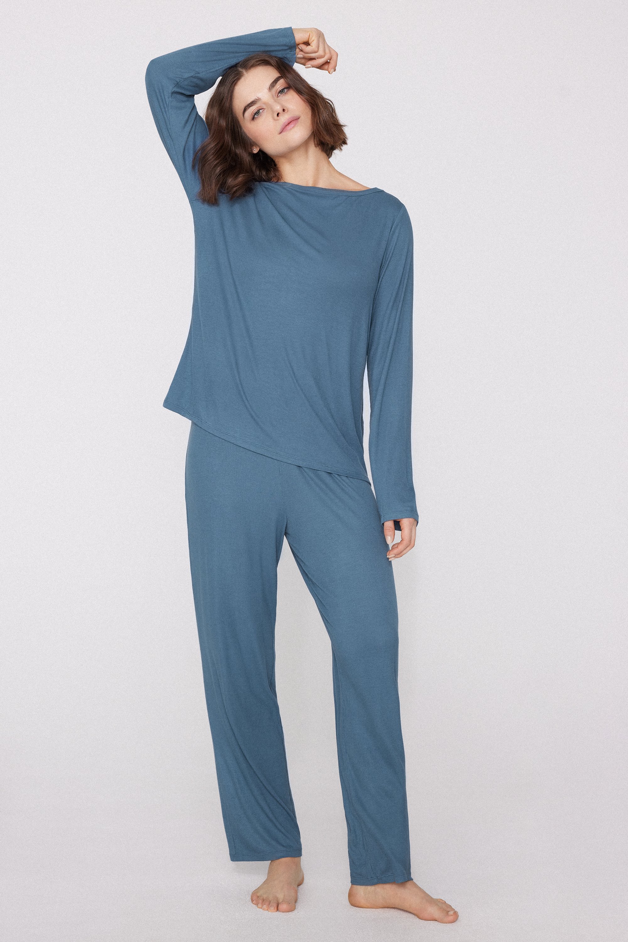 Long Ribbed Pyjamas with Boat Neckline