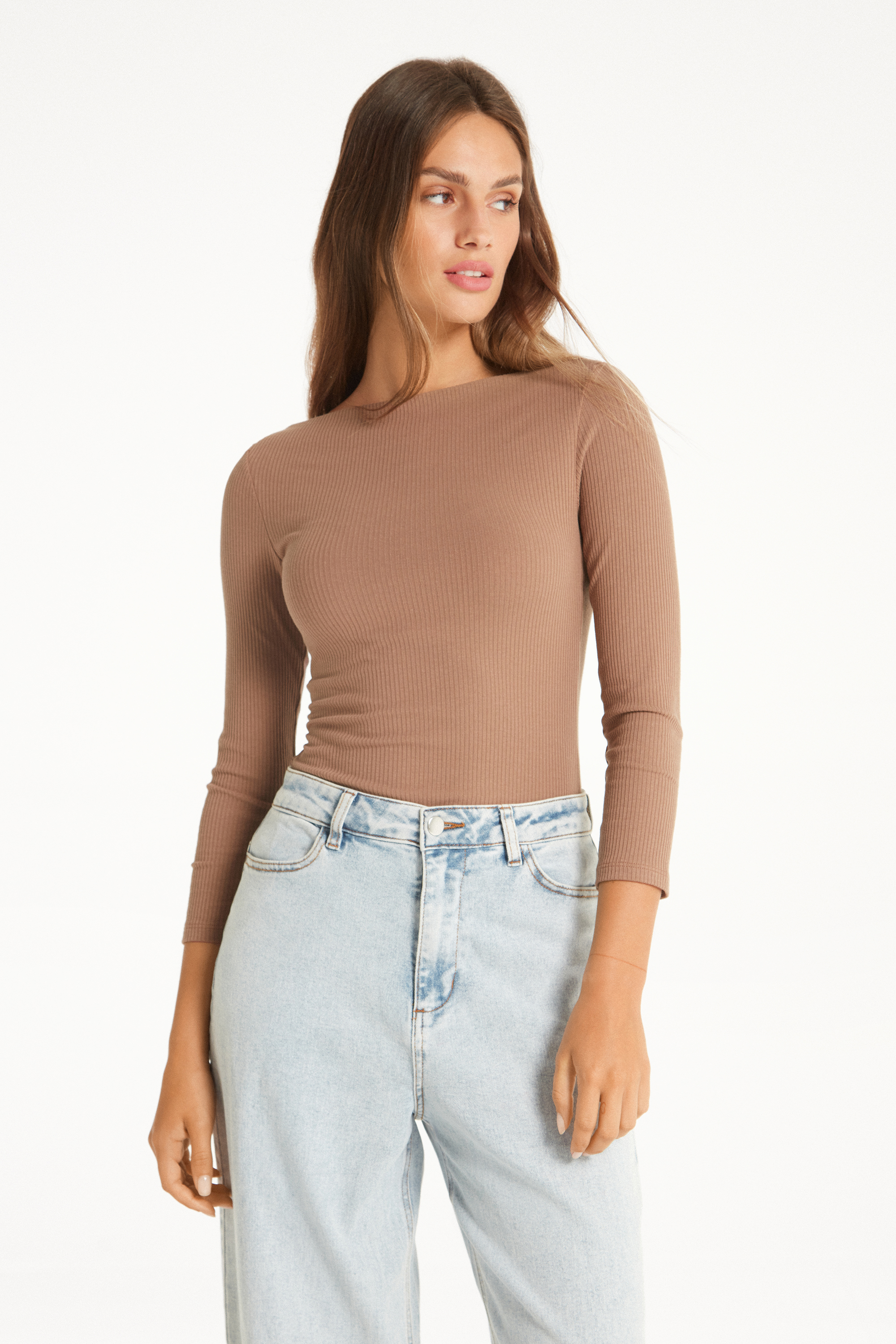 3/4 Length Sleeve Ribbed Top with Boat Neck