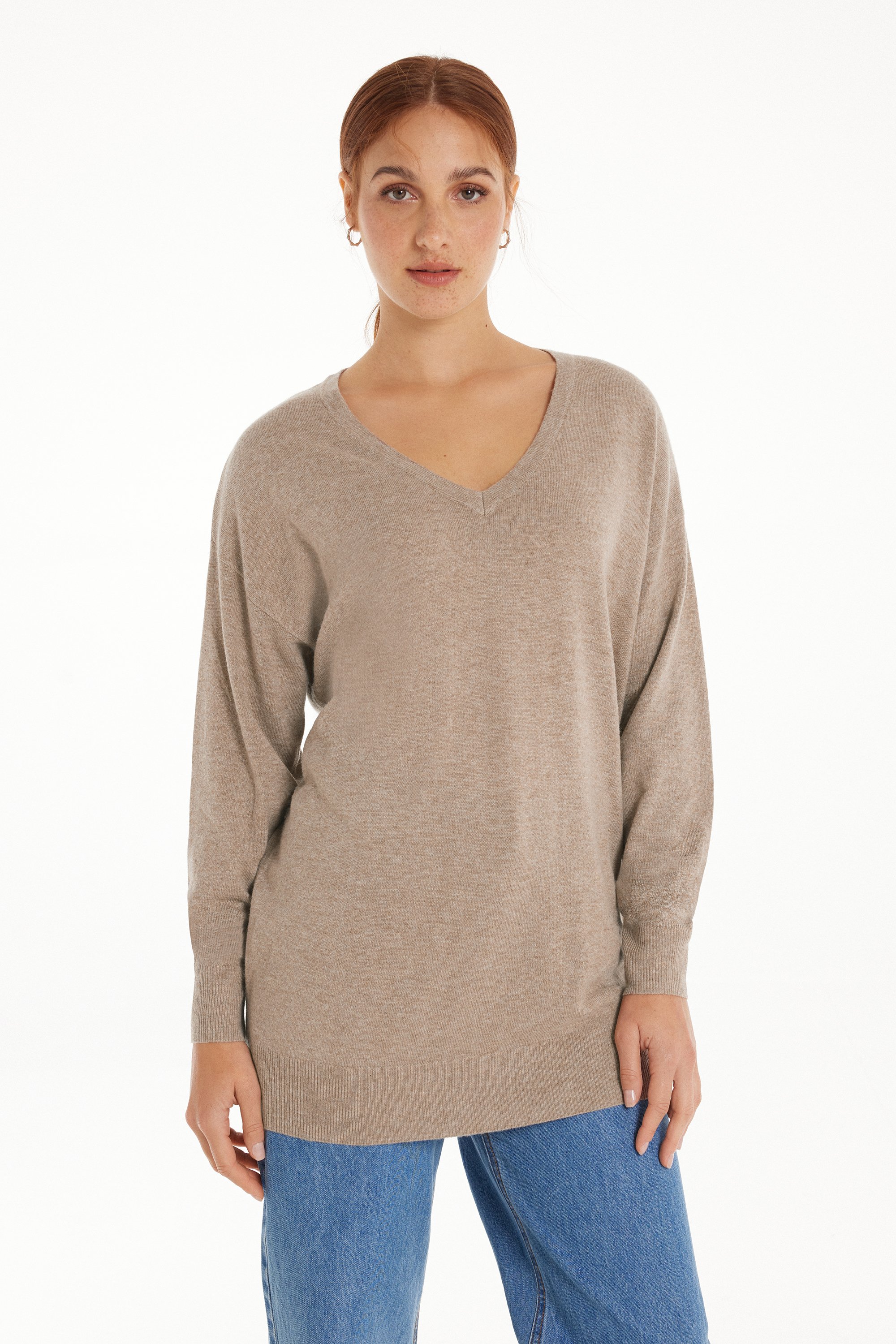 Long-Sleeved V-Neck Heavy Jersey with Wool