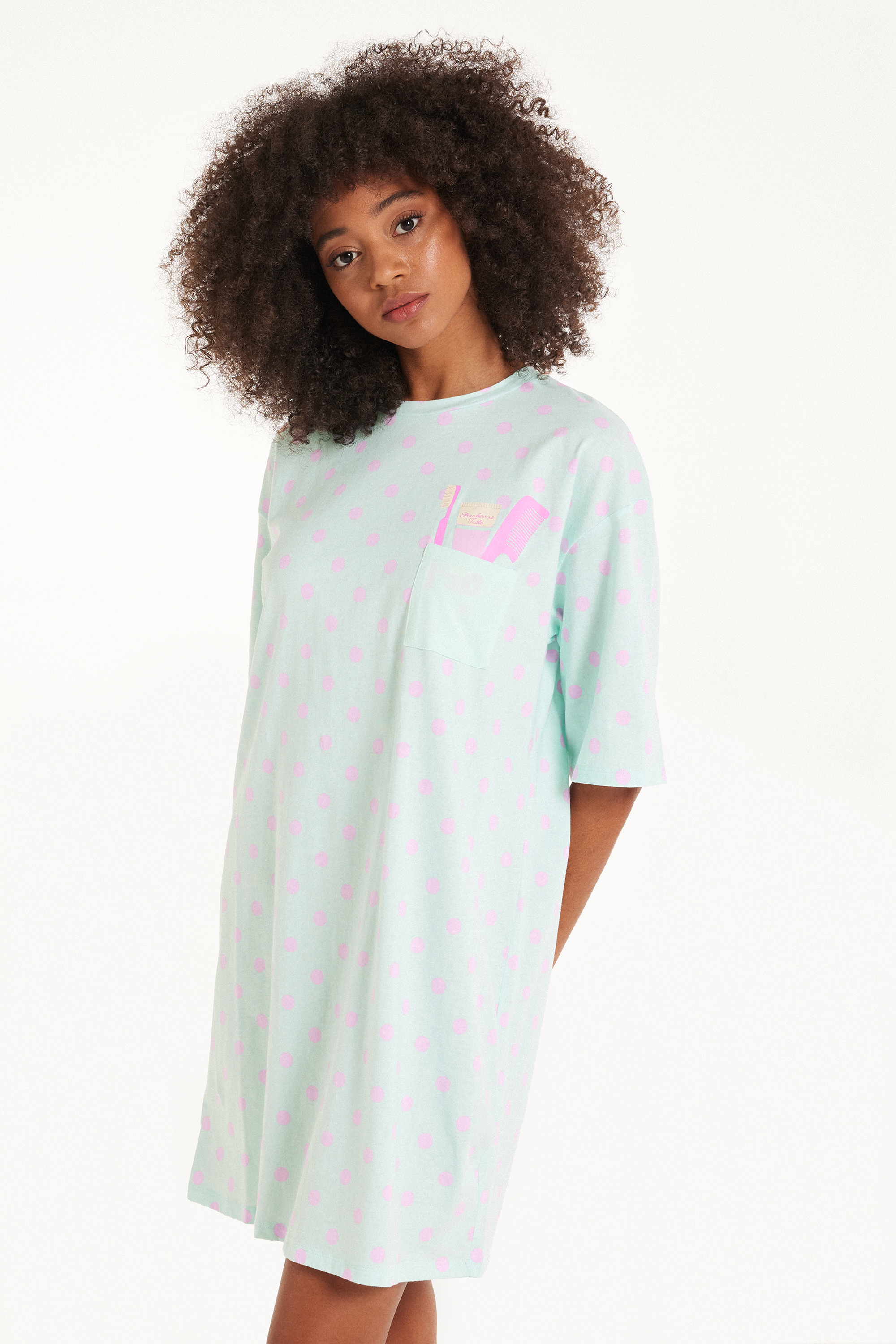 Oversize Cotton Nightgown with Short Sleeves and Pocket