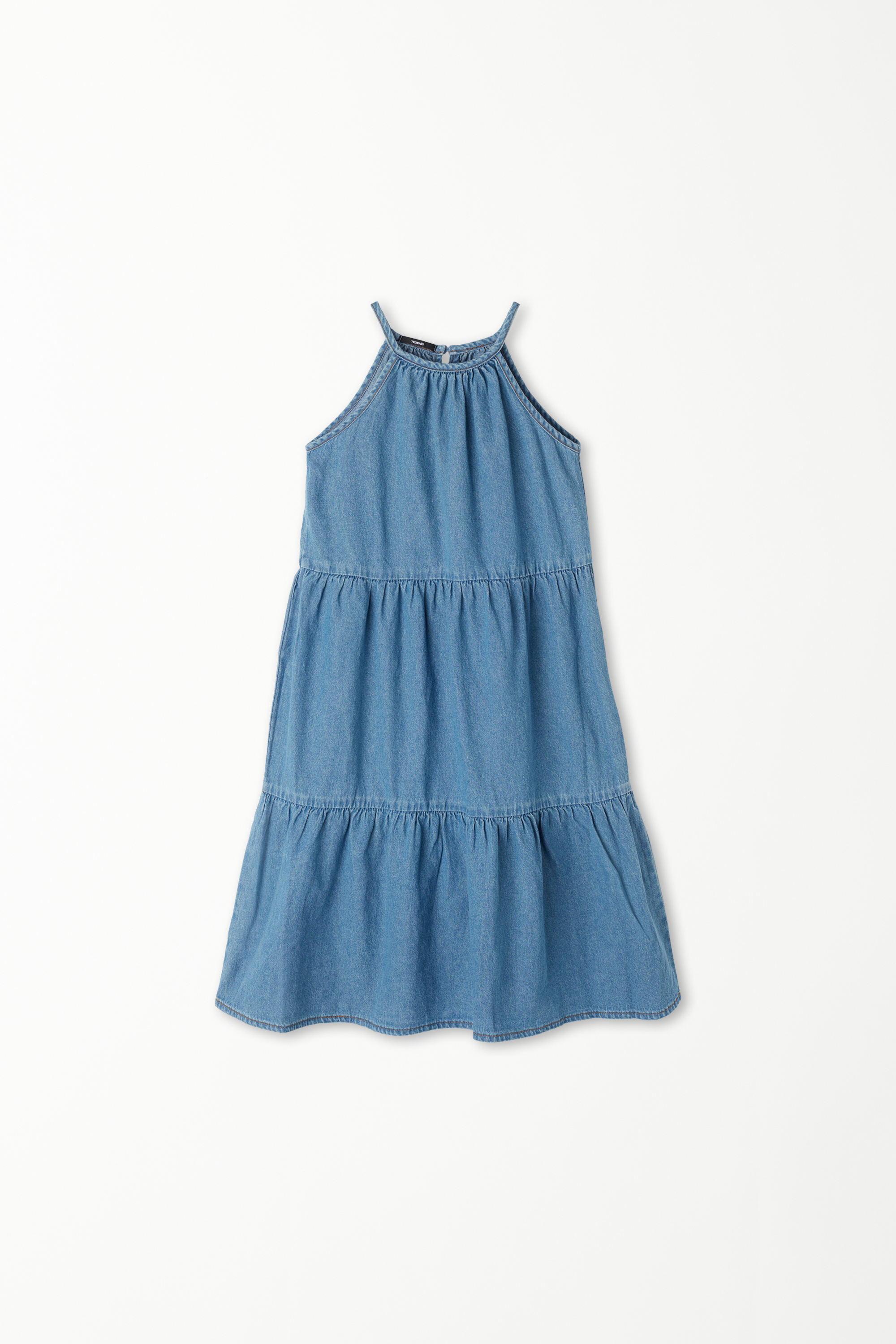 Denim Dress with Thin Shoulder Straps and Frills