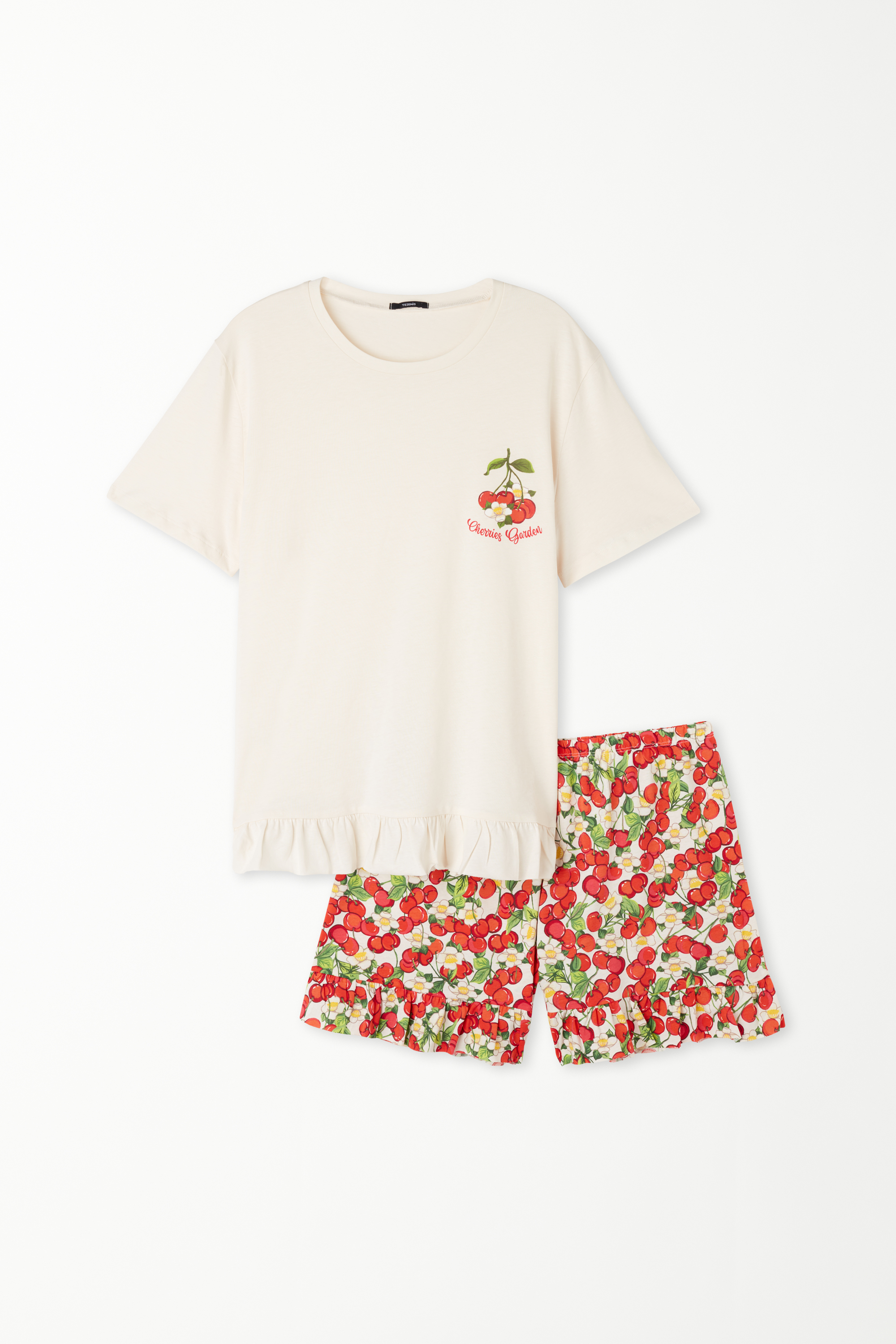 Pijama Corto de Algodón de Manga Corta con Estampado de Cerezas