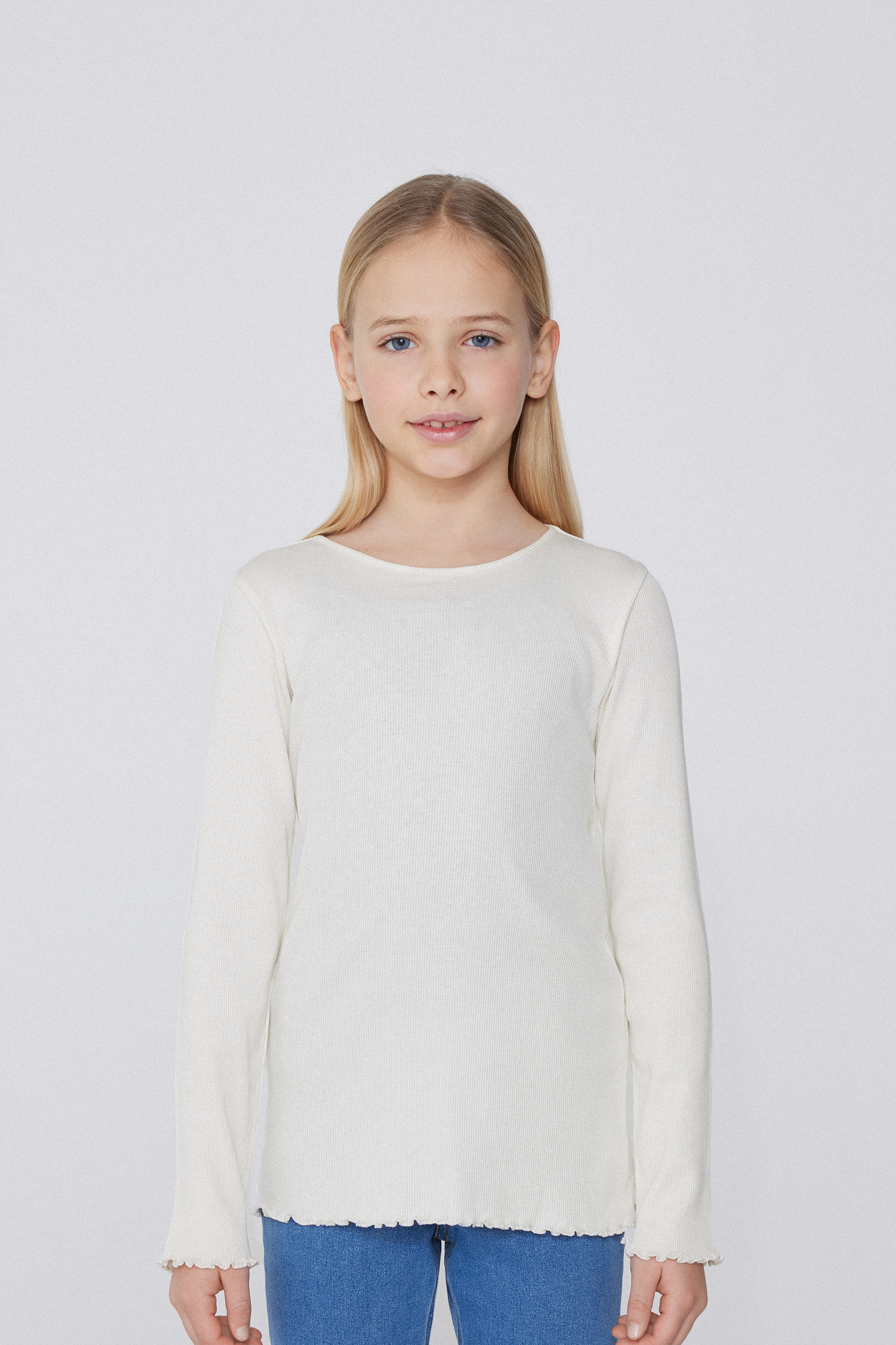 Girls’ Long Sleeve Ribbed Round-Neck Top with Rolled Hem