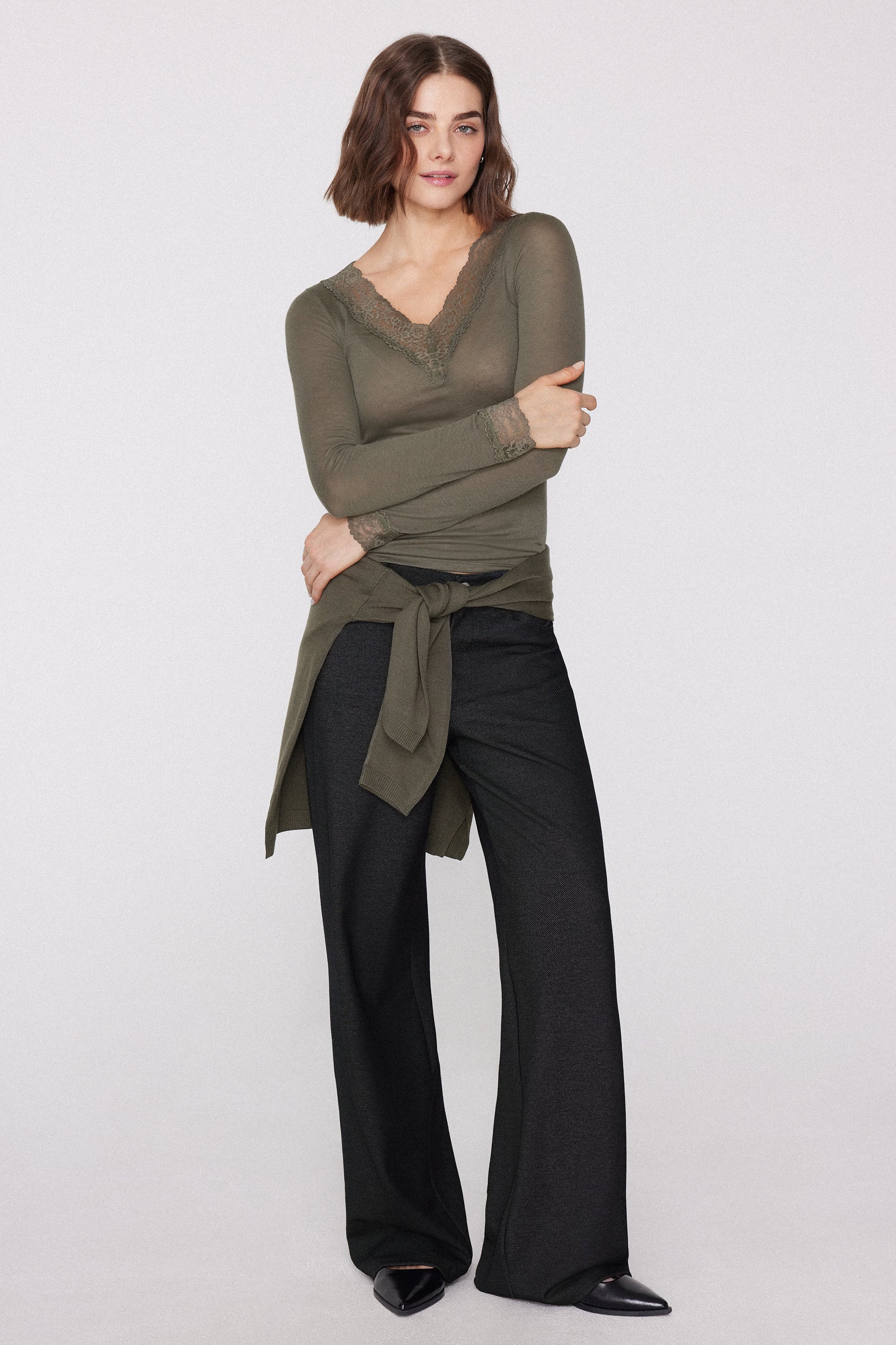 Long-Sleeved Merino Wool and Lace V-Neck Top