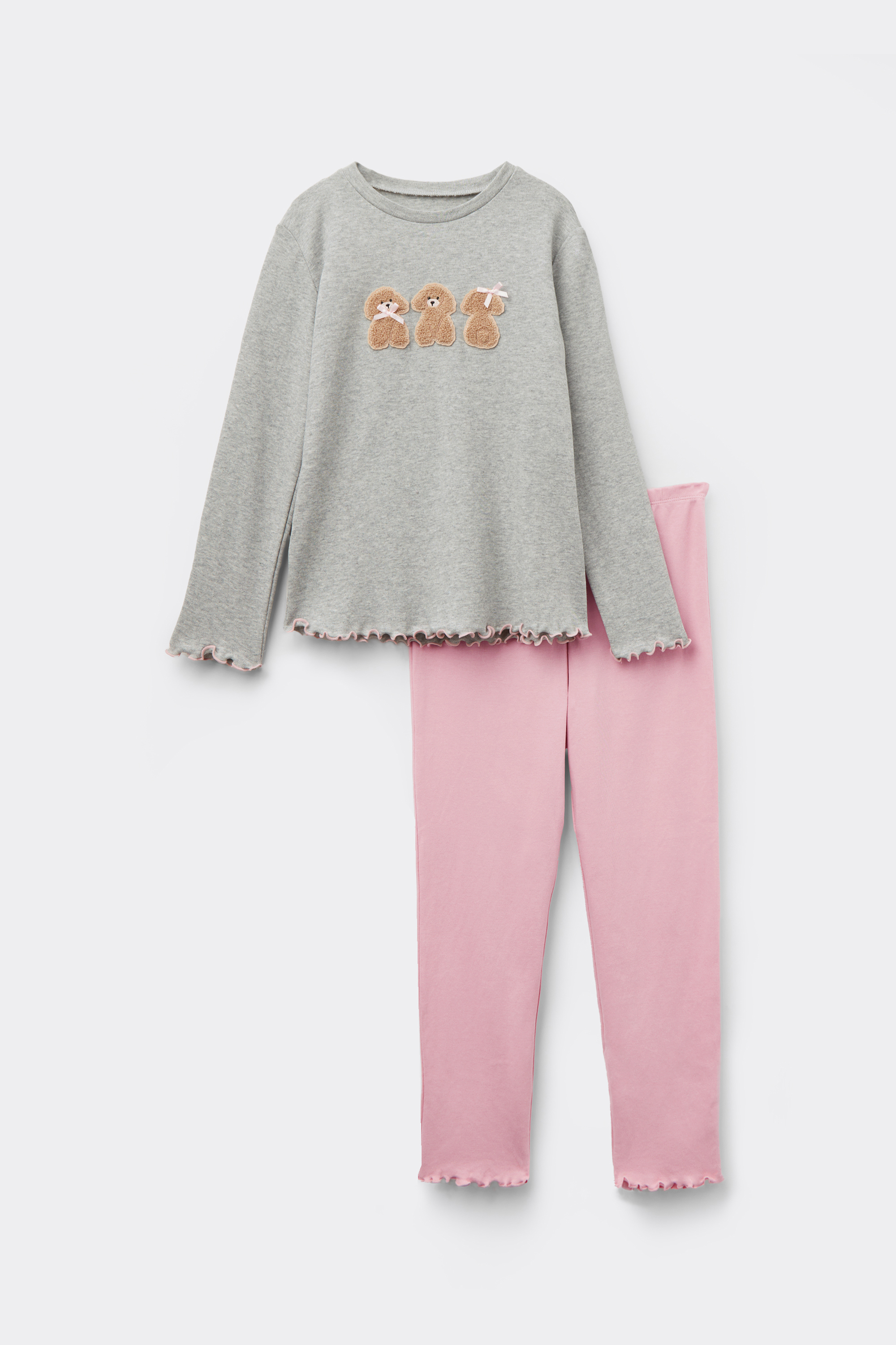 Langer Mädchenpyjama aus schwerer Baumwolle mit Hunde-Aufnäher