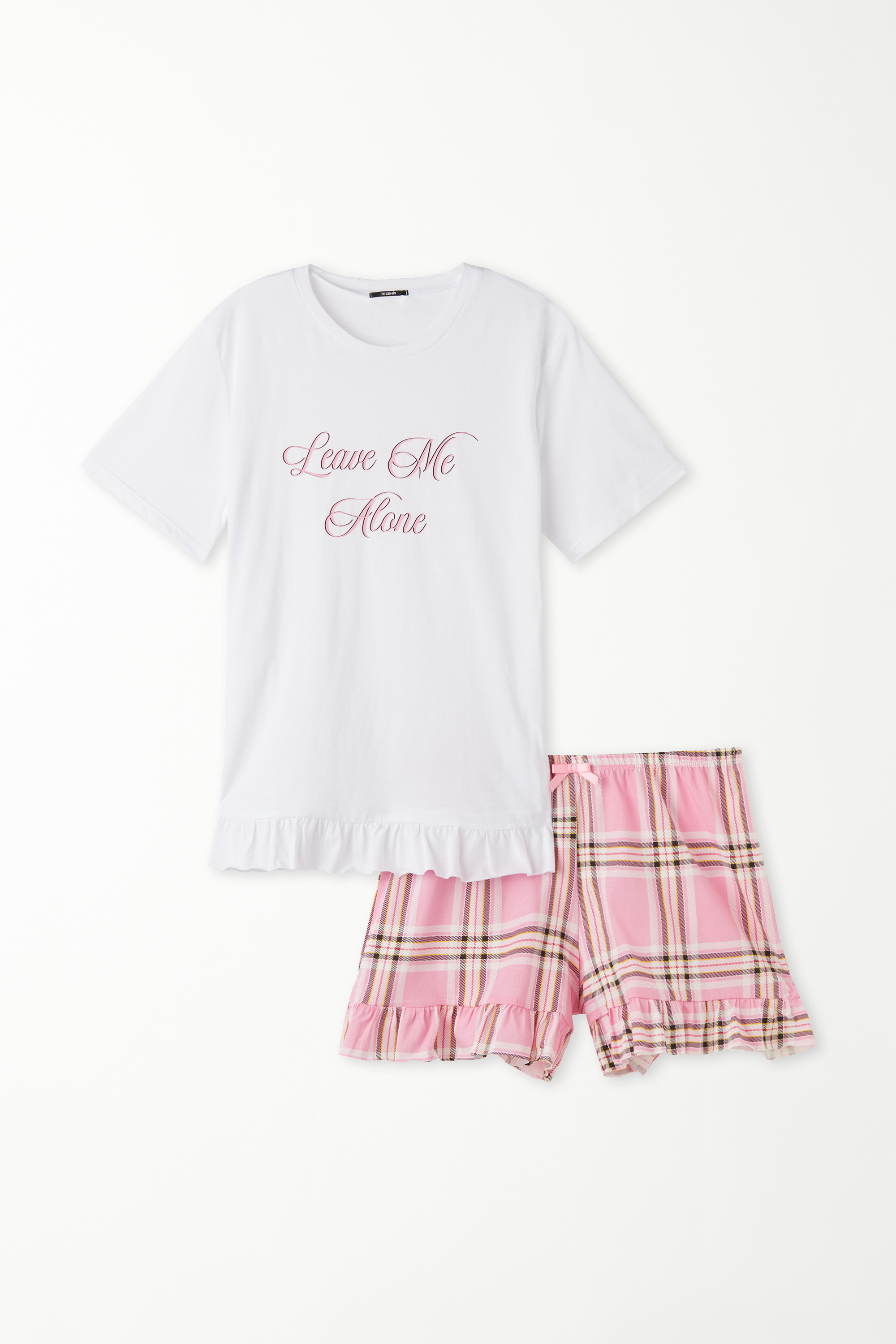 Short-Sleeved Short Cotton Pajamas with “Leave Me Alone” Print