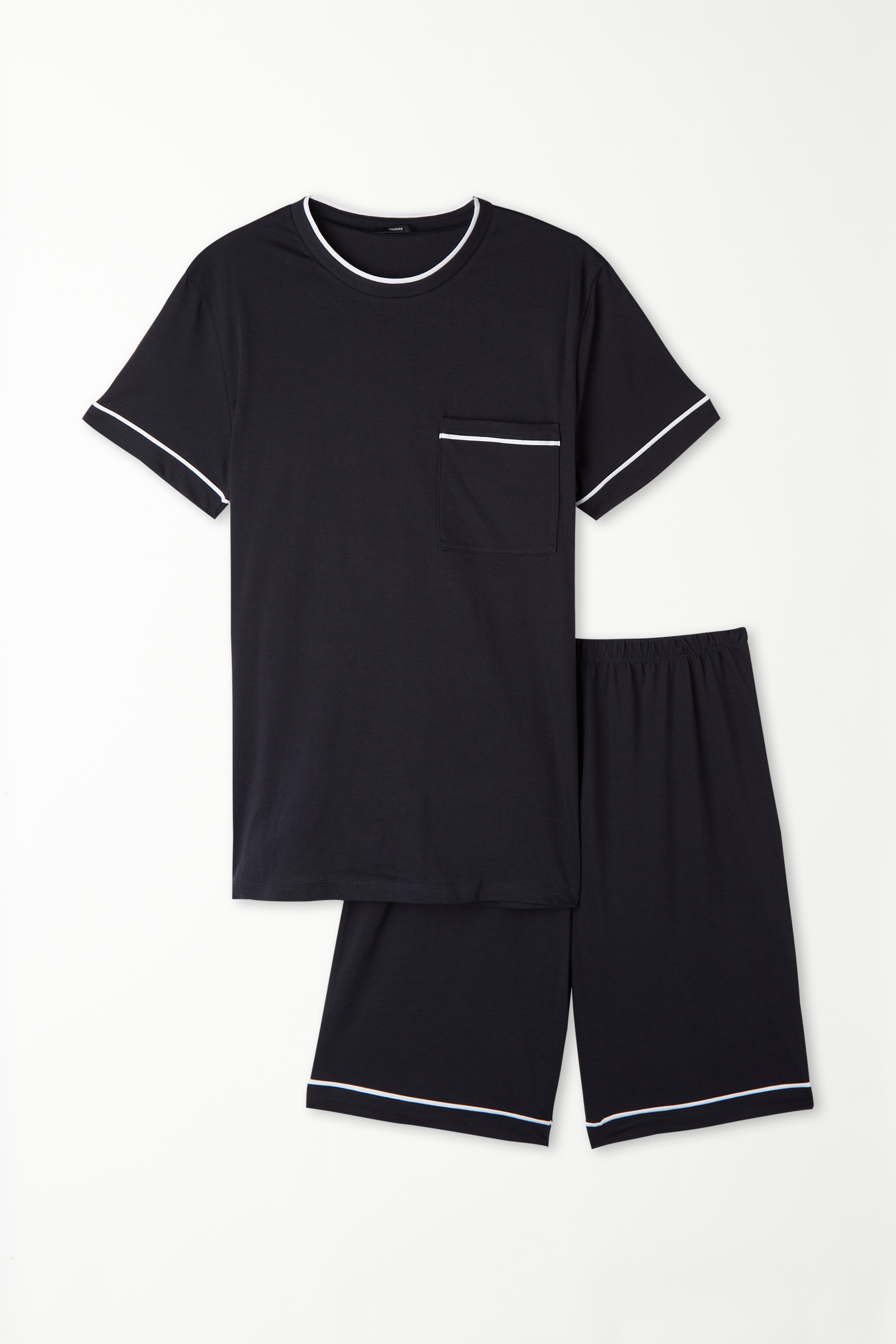 Piped Basic Short Cotton Pajamas with Pocket