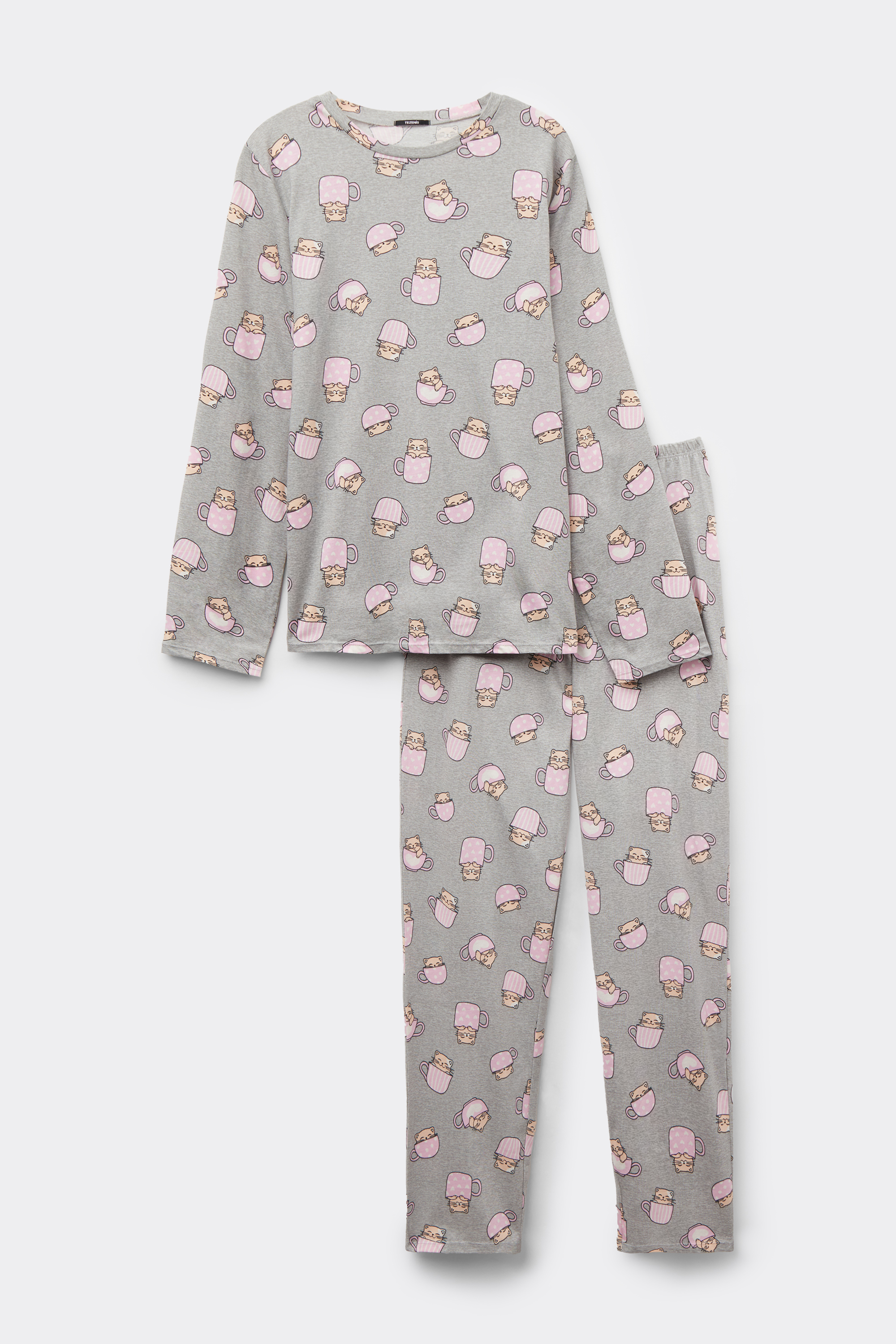 Langer Pyjama aus Baumwolle mit Kätzchenprint