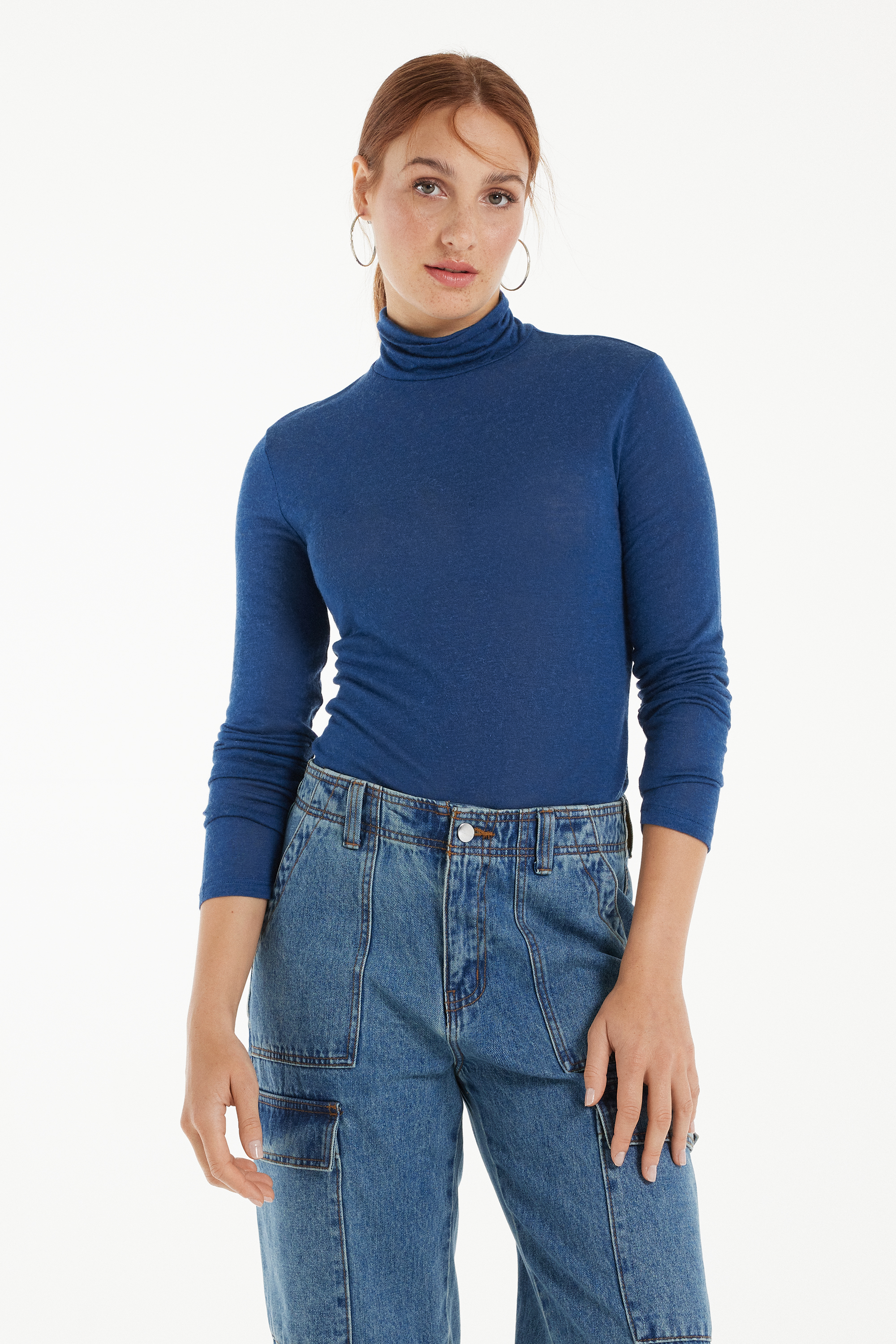 Viscose and Merino Wool Polo Neck Top
