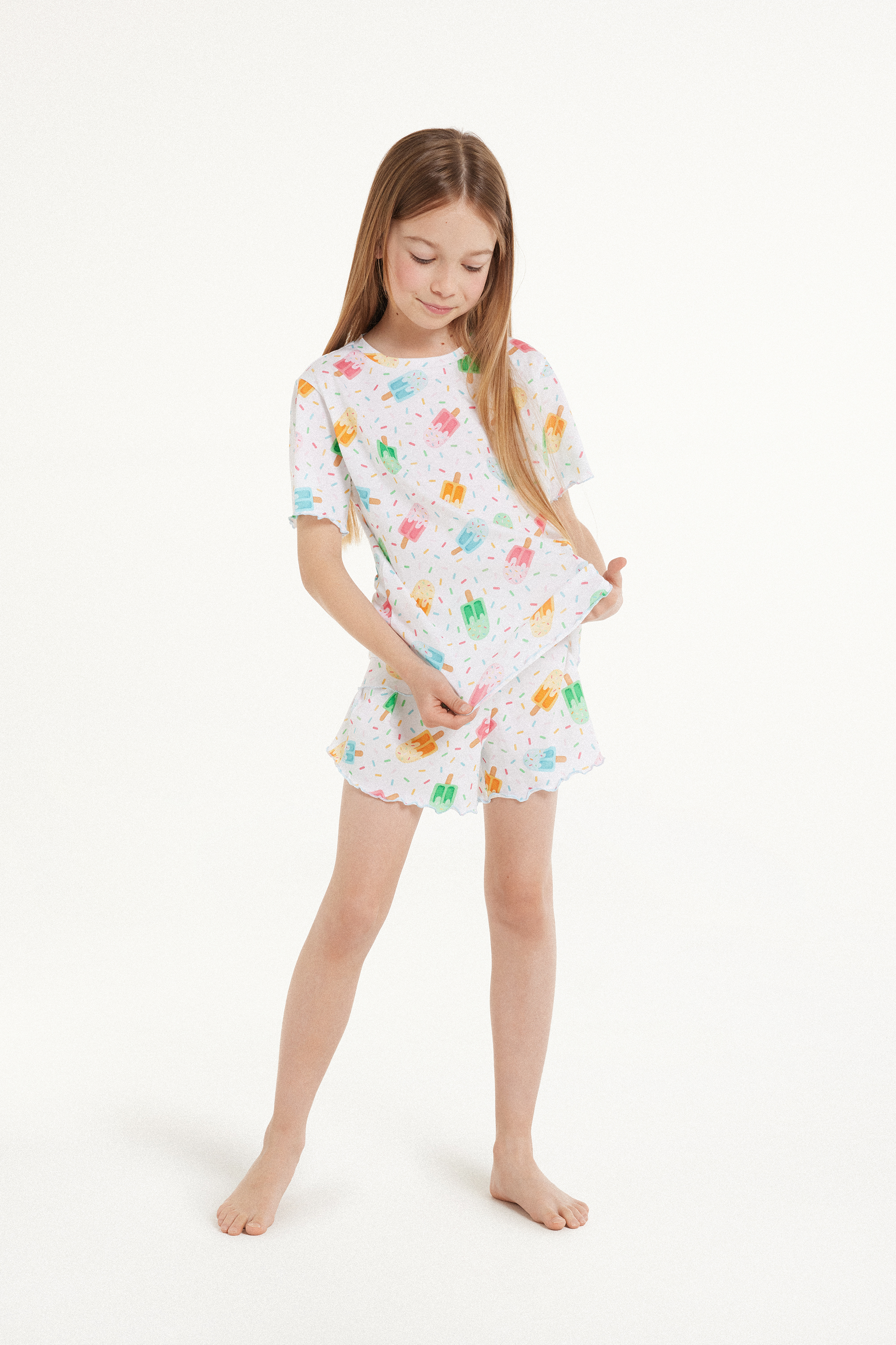 Krátké Dívčí Pyžamo s Polodlouhým Rukávem z Bavlny s Potiskem Zmrzliny