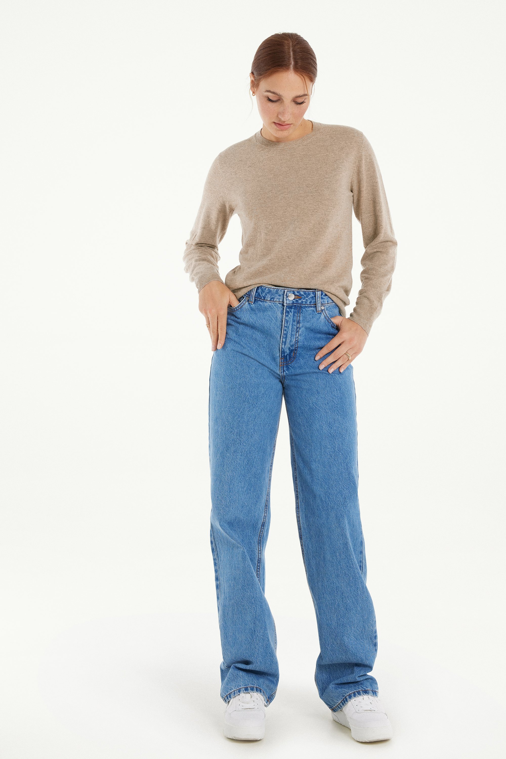 Long-Sleeved Rounded Neck Heavy Jersey with Wool