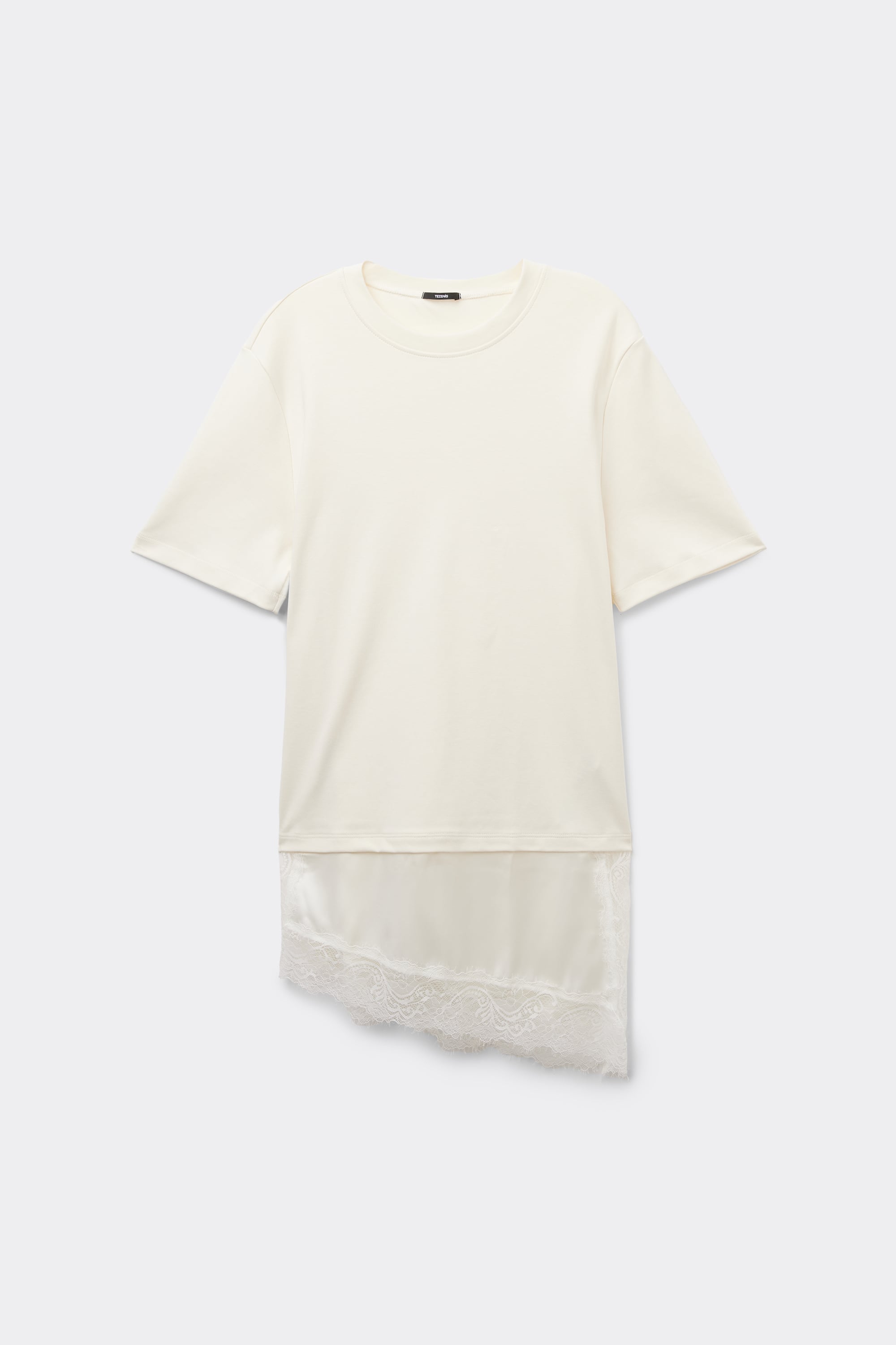 T-Shirt Cotone con Inserto Raso e Pizzo