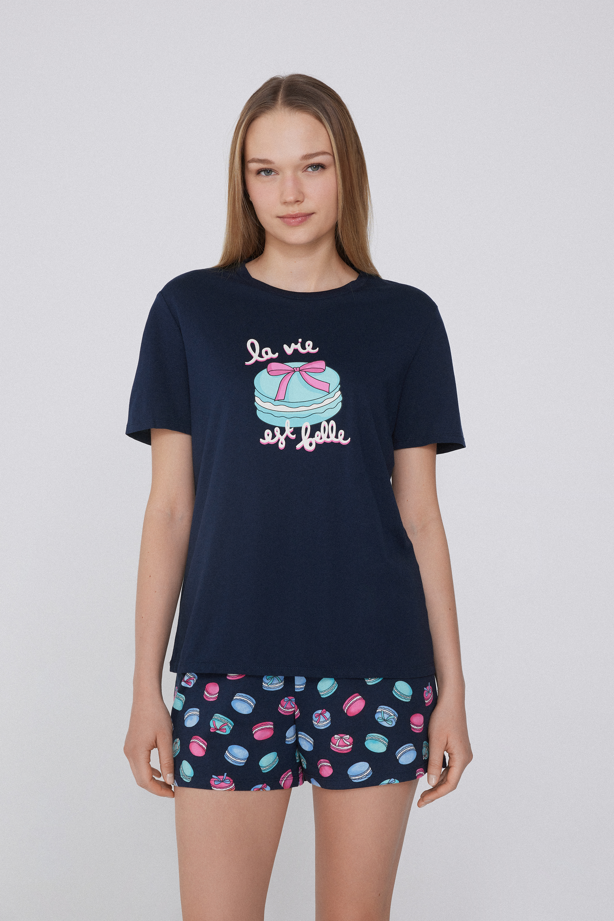 Macaron Print Half Sleeve Short Cotton Pajamas