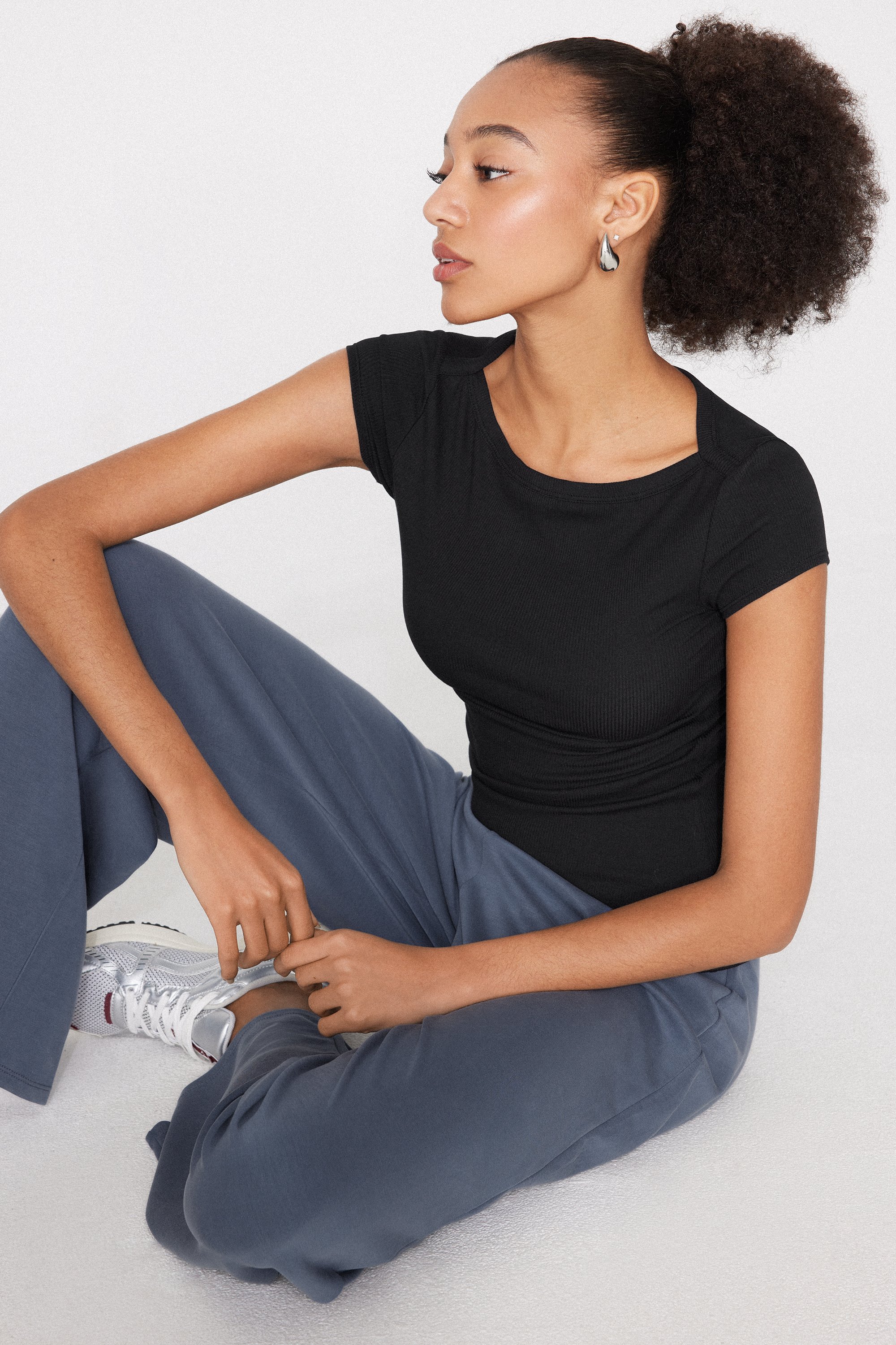 Ribbed Cotton Bateau Neck T-Shirt