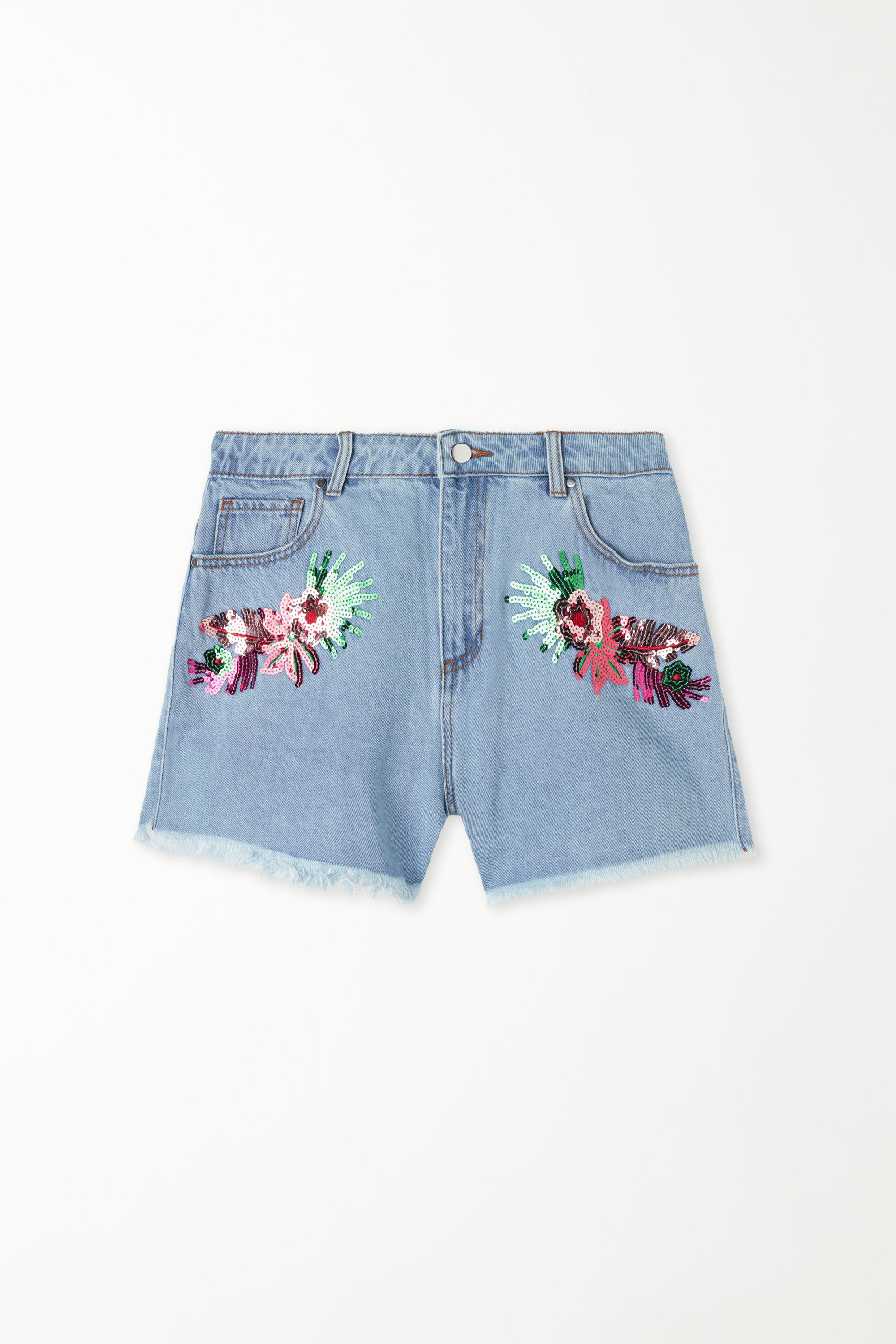 Denim Shorts with Sequin Embroidery