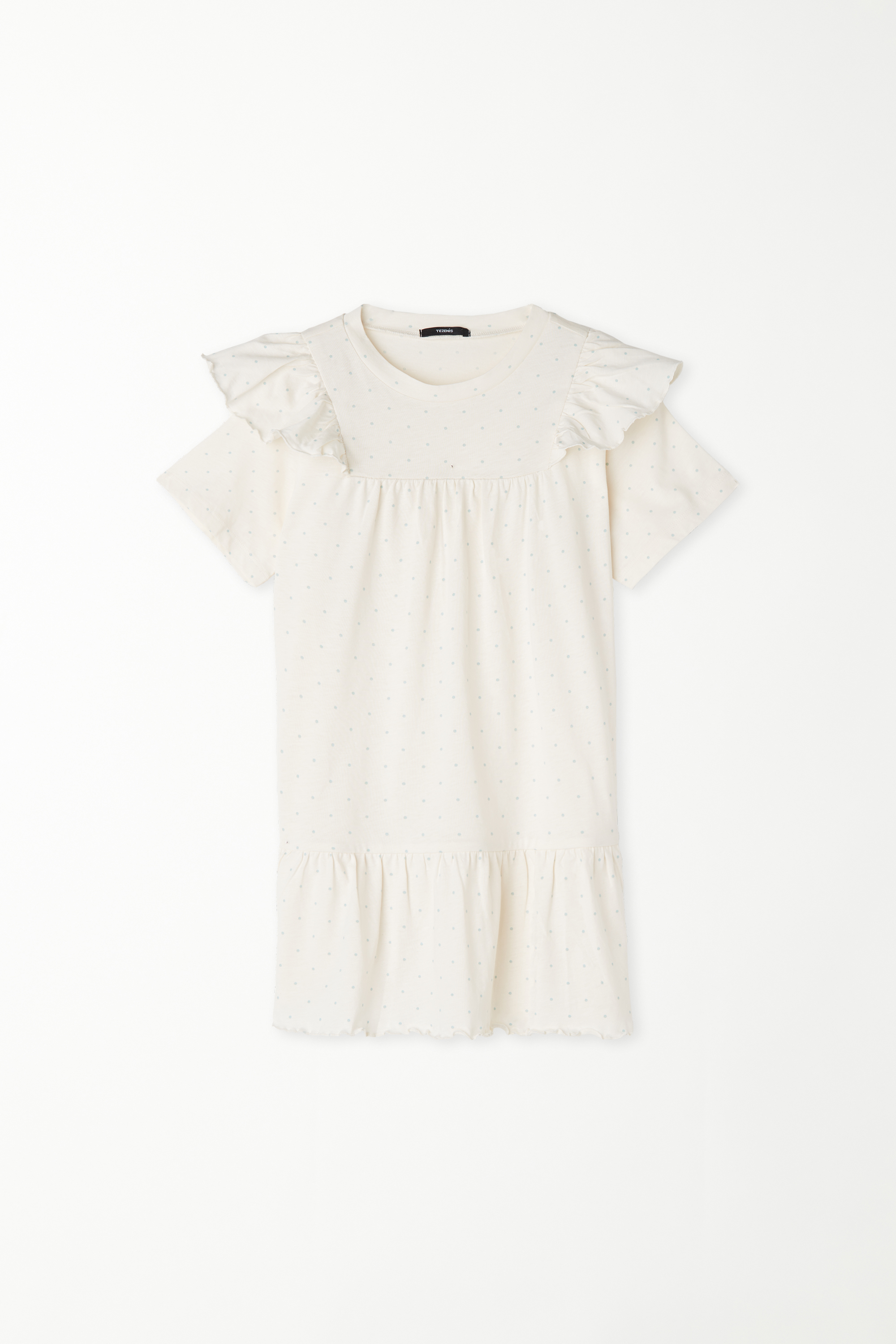 Nachthemd aus Baumwolle mit kurzen Ärmeln, Volant und Tupfenprint