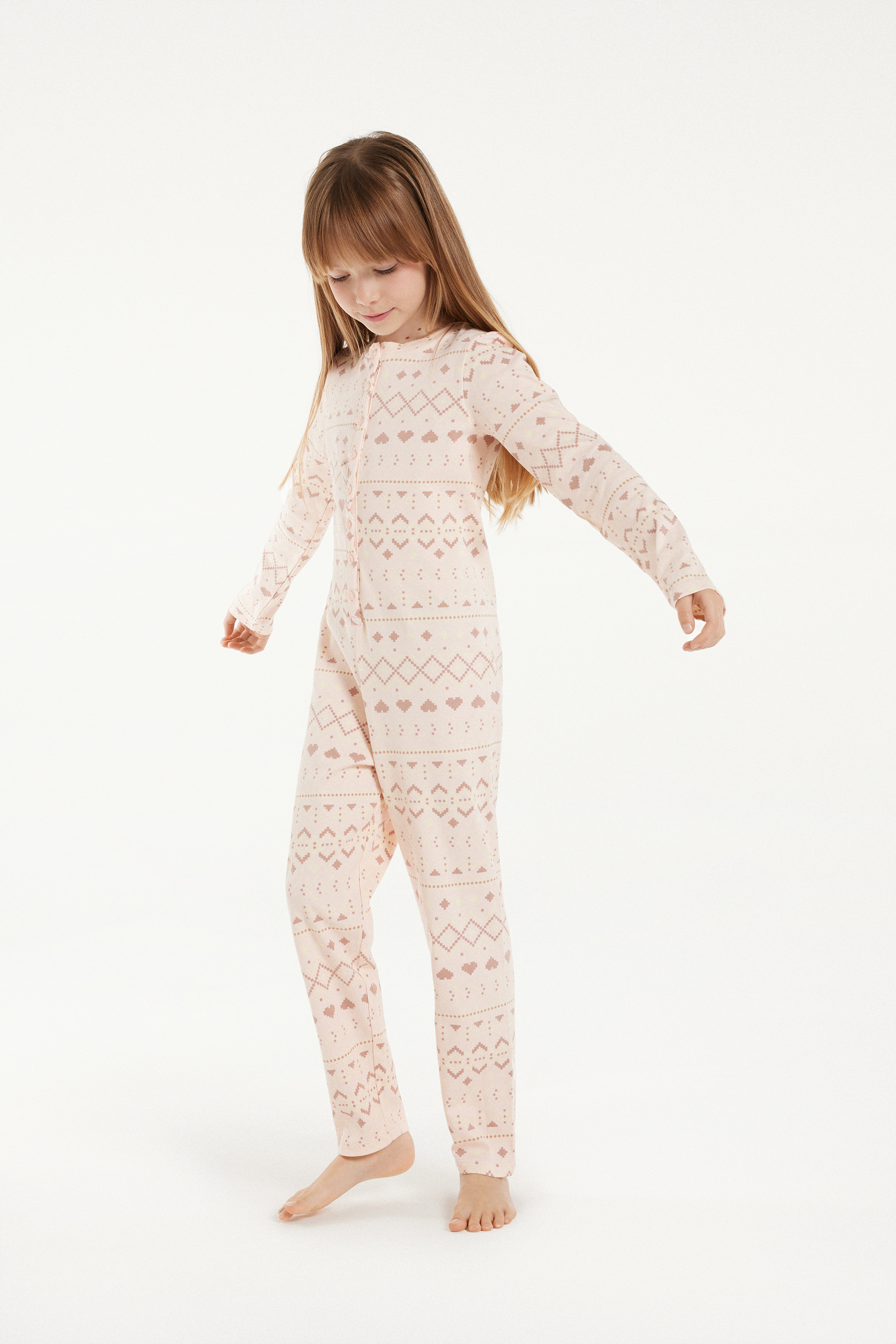 Pijama Macacão em Algodão Grosso Estampado Nórdico Menina