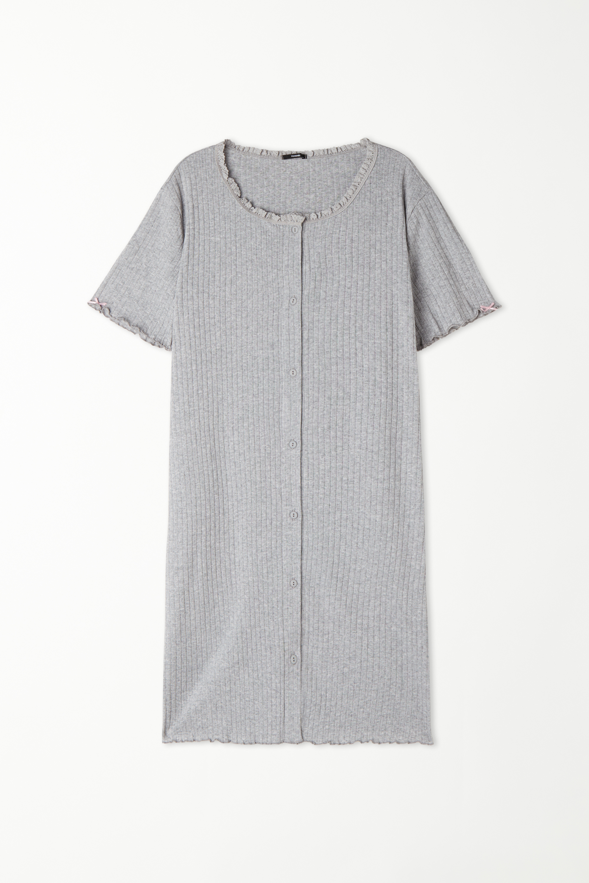 Short Sleeve Button-Front Ribbed Openwork Nightshirt