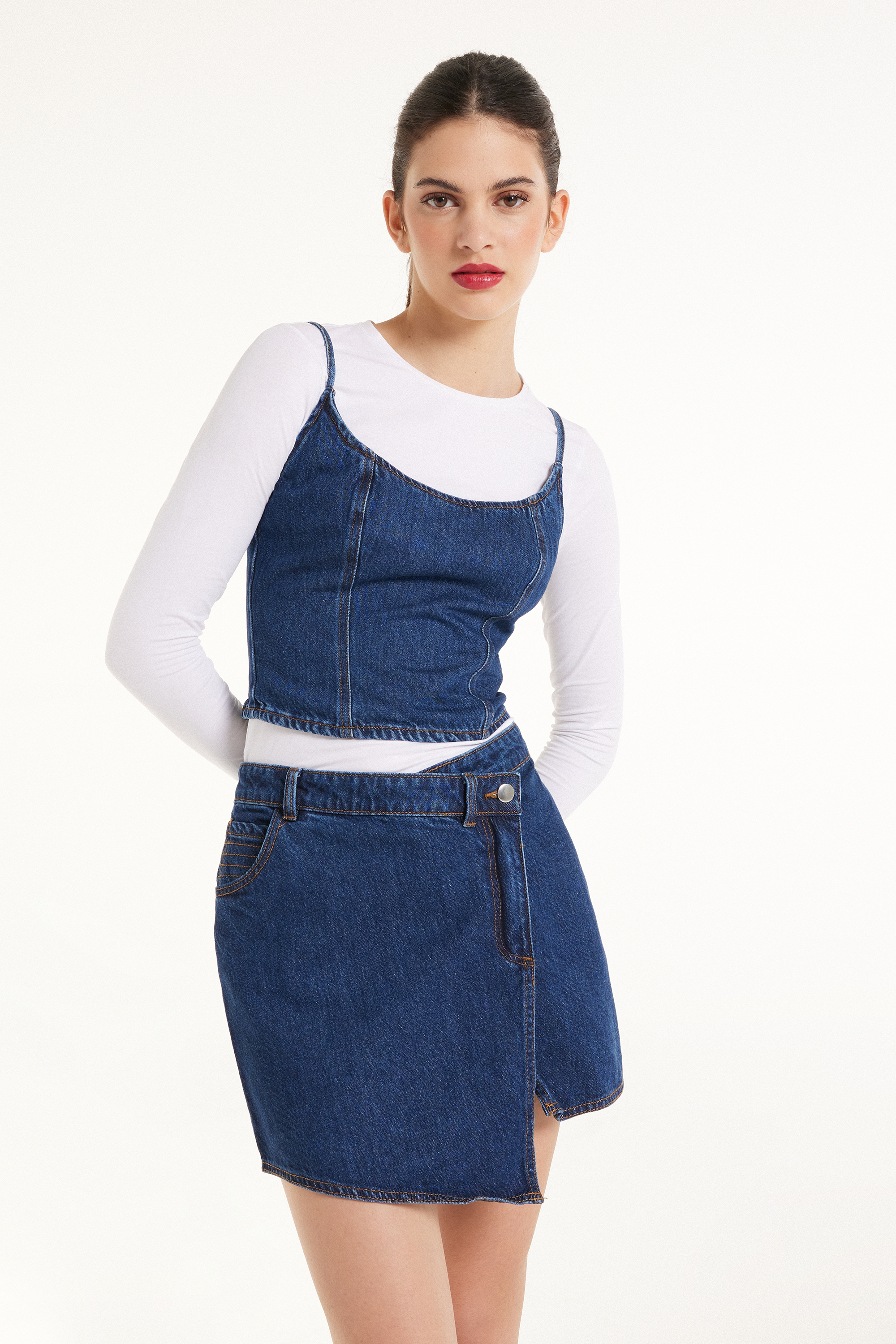 Short Denim Top with Narrow Shoulder Straps