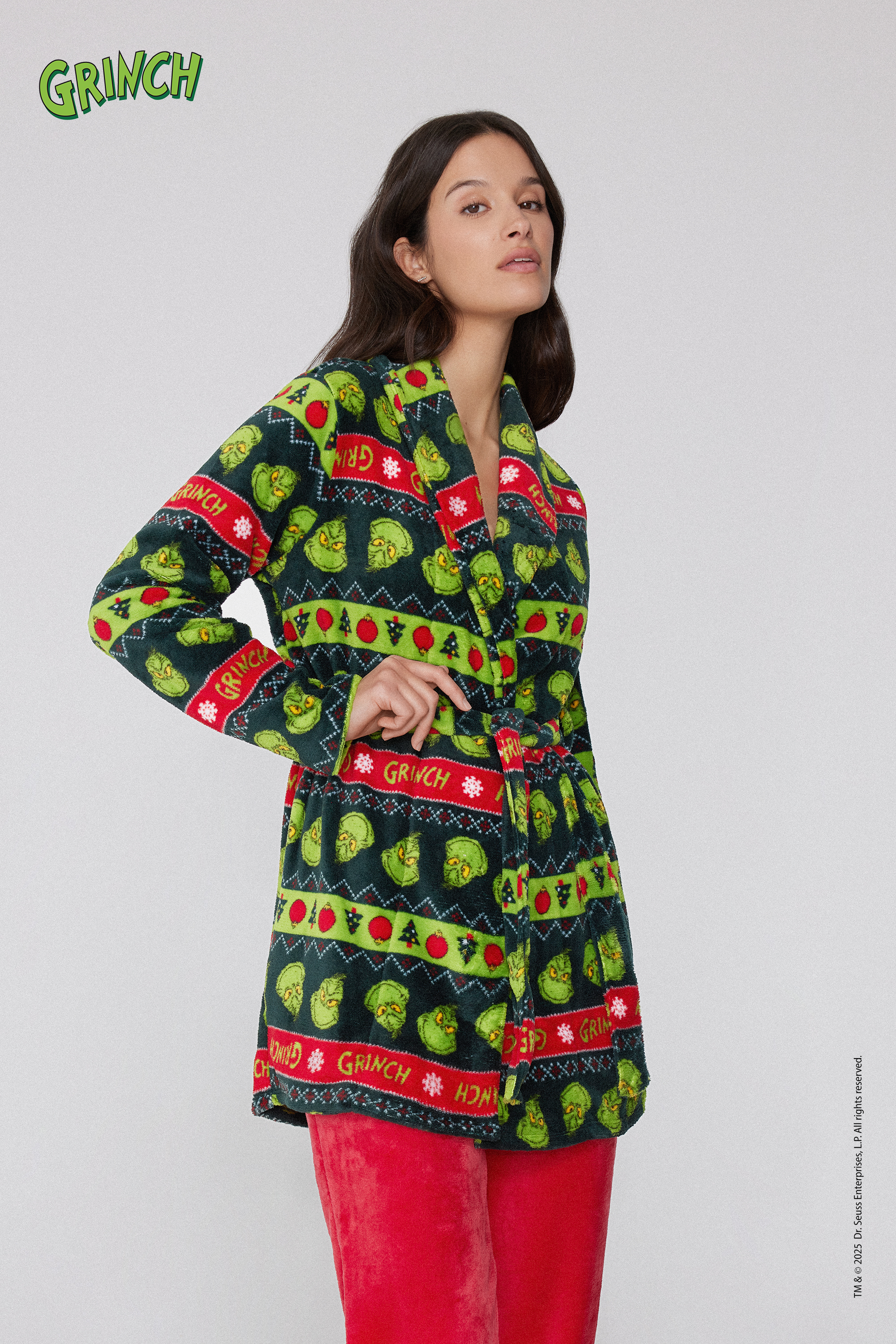 Christmas Grinch Light Fleece Dressing Gown
