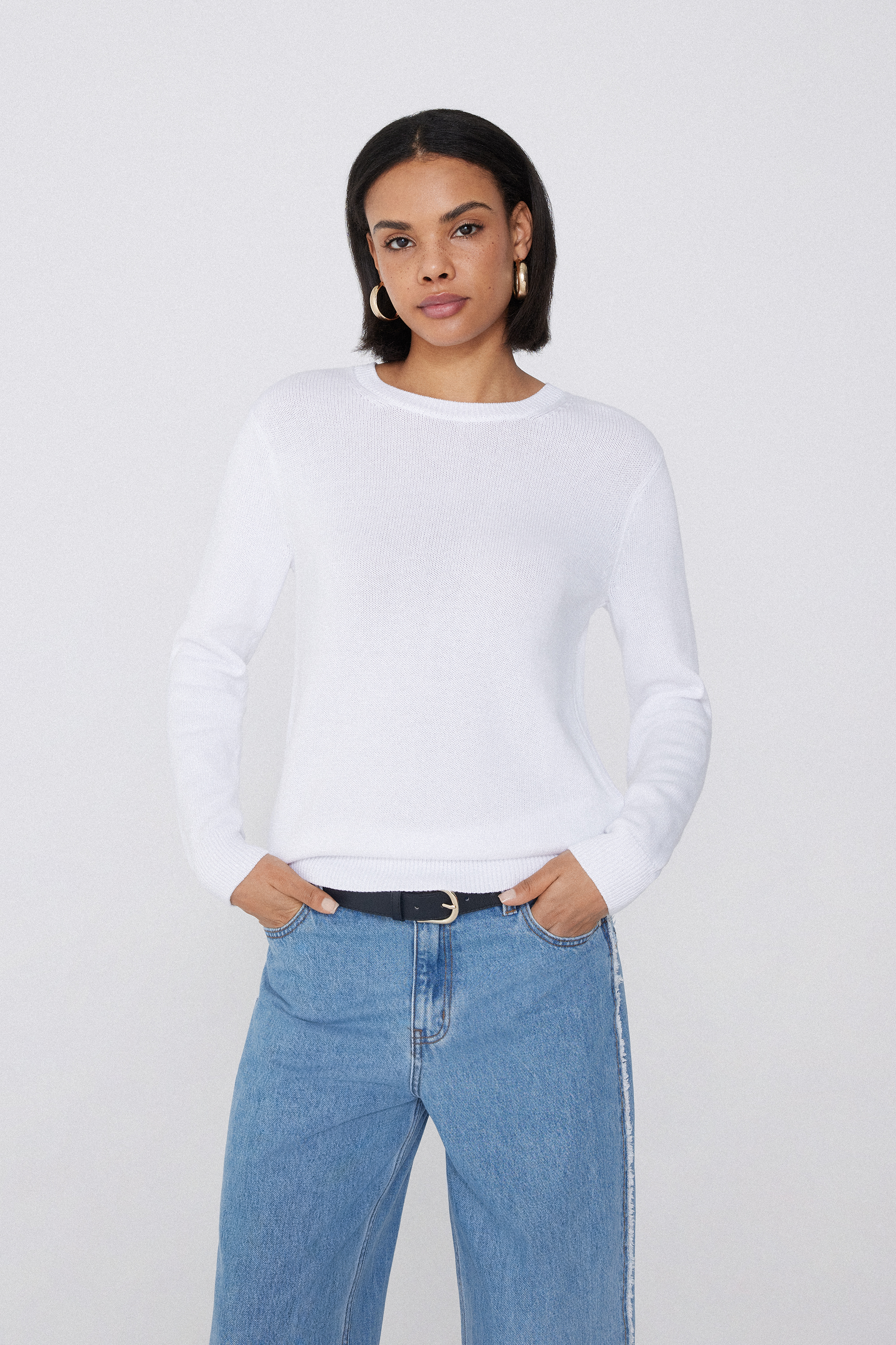 Drop-Stitch Cotton Oversized Long Sleeve Crewneck Sweater