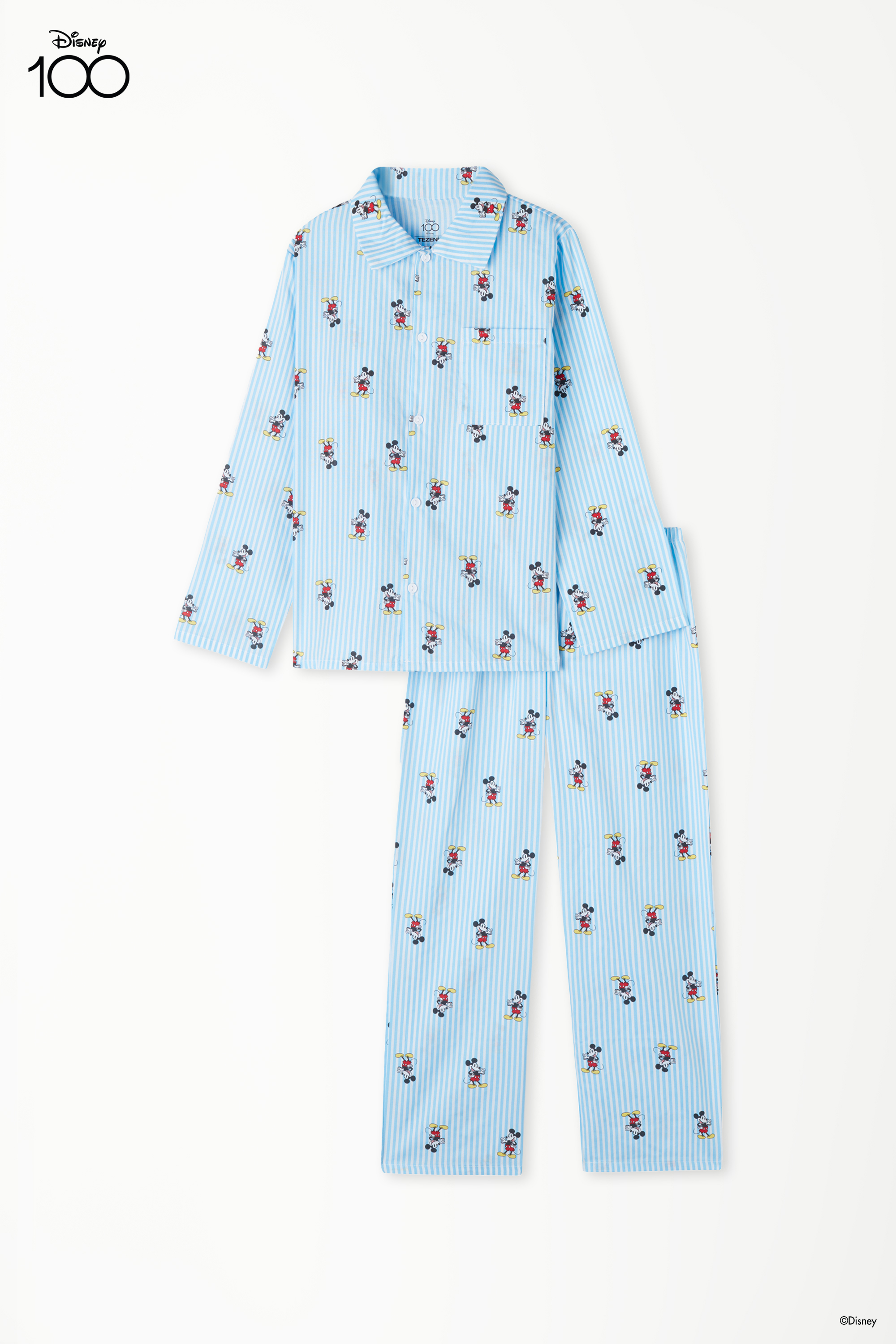 Langer Pyjama für Jungen mit Knopfleiste aus Baumwolltuch mit Disney 100-Print