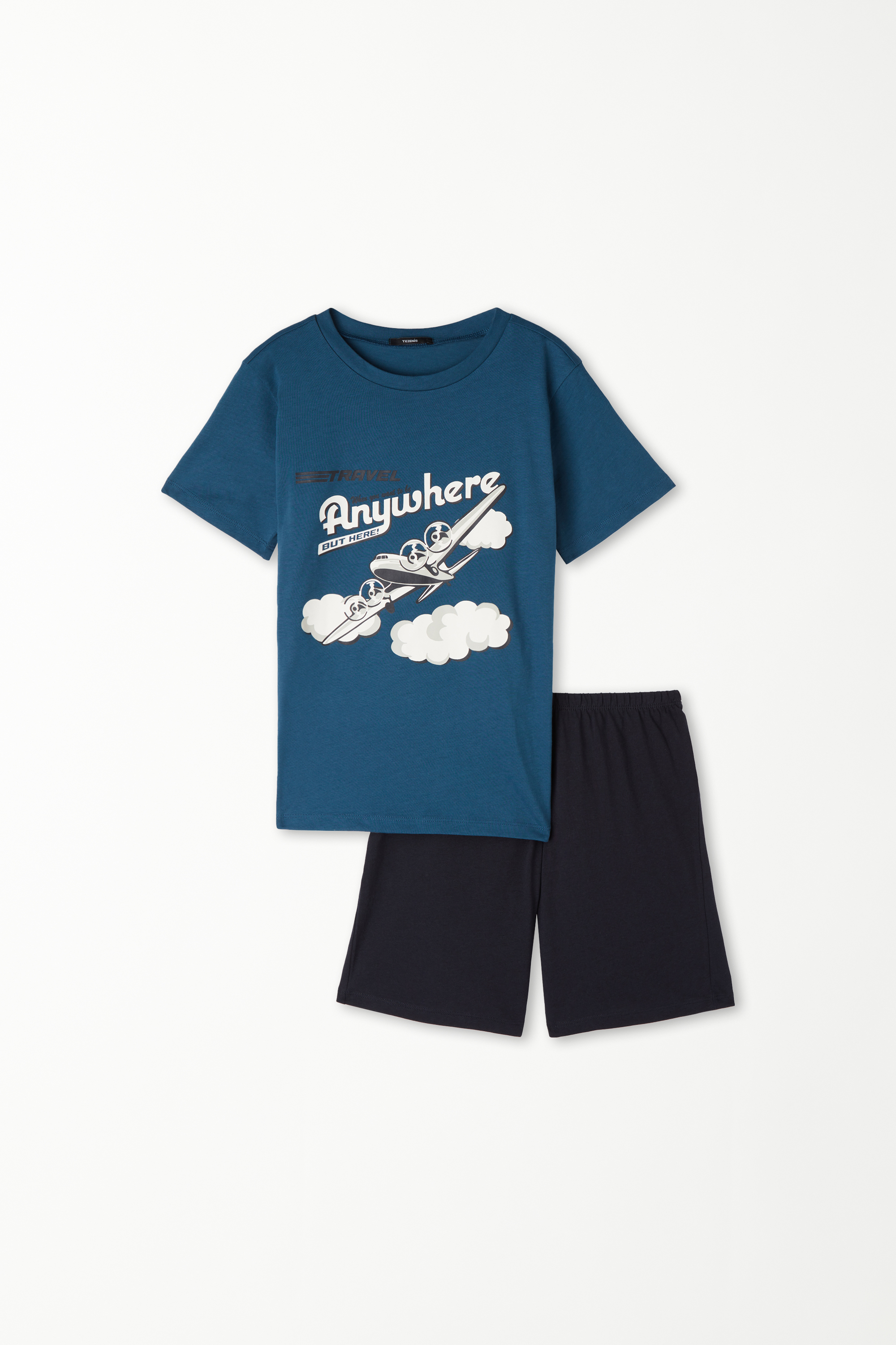 Короткая Хлопковая Пижама с Принтом «Самолет» и Короткими Рукавами для Мальчиков
