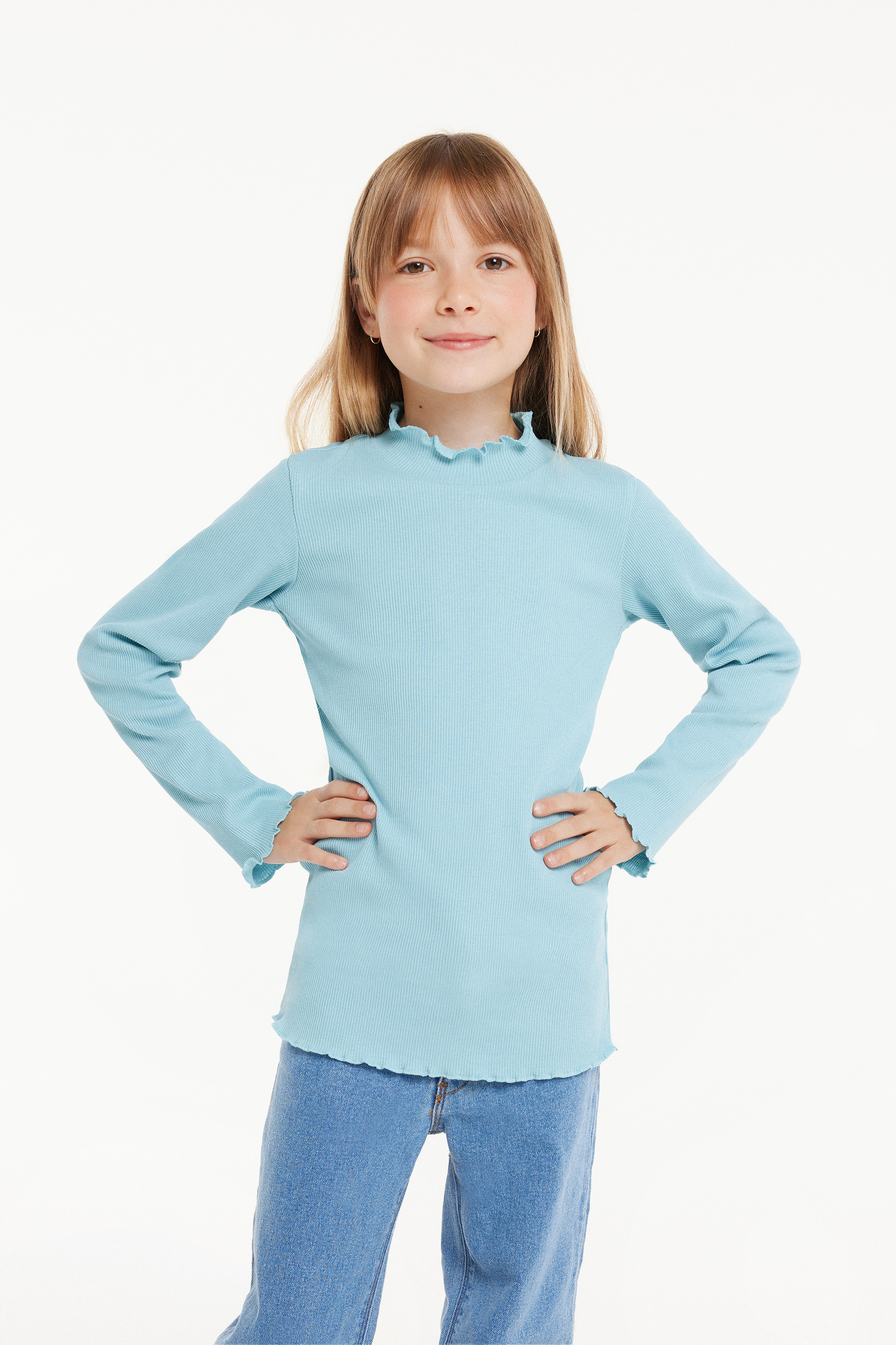 Girls’ Long Sleeve Ribbed Top with Rolled Hem
