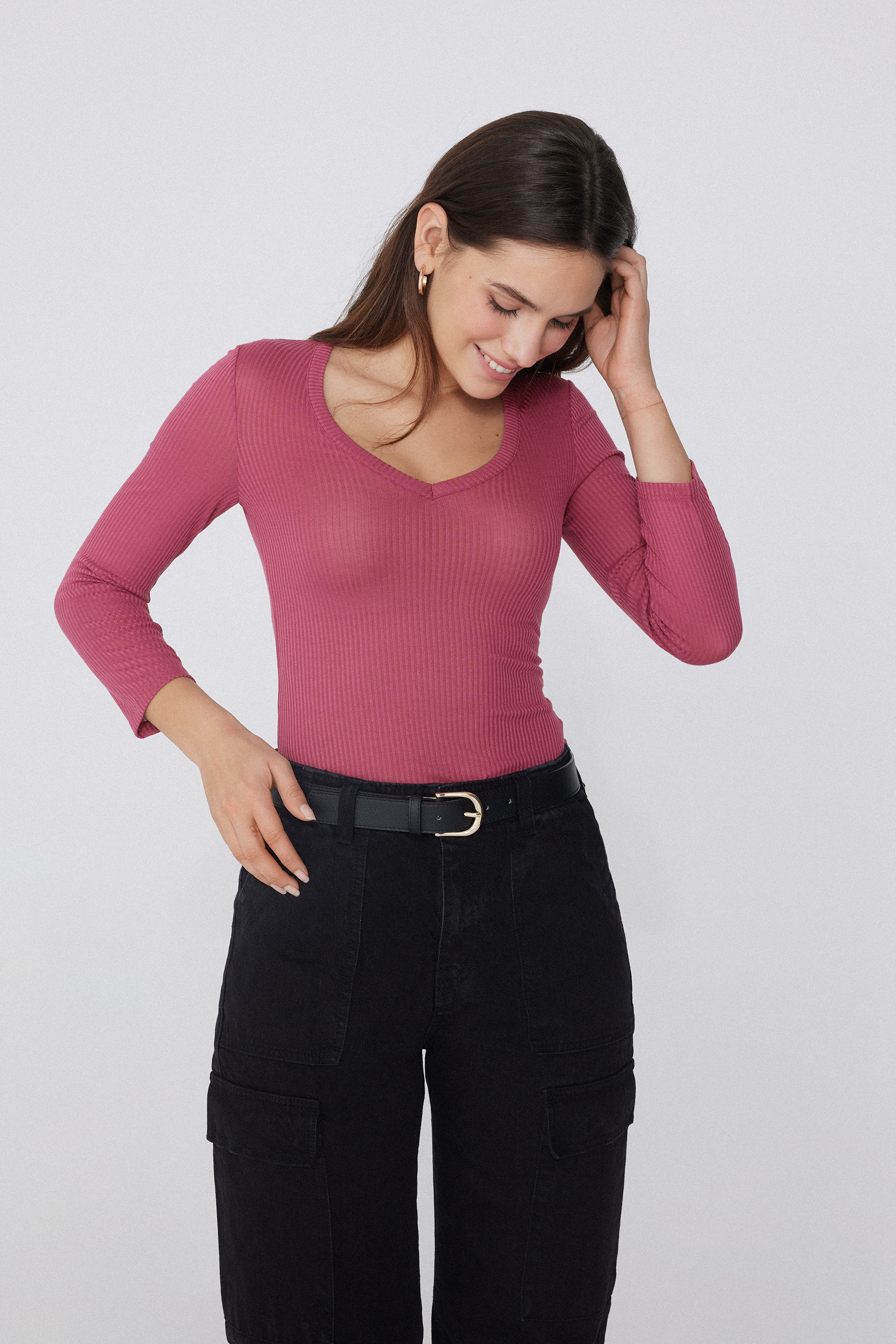 Ribbed Viscose 3/4 Sleeve V-Neck Top