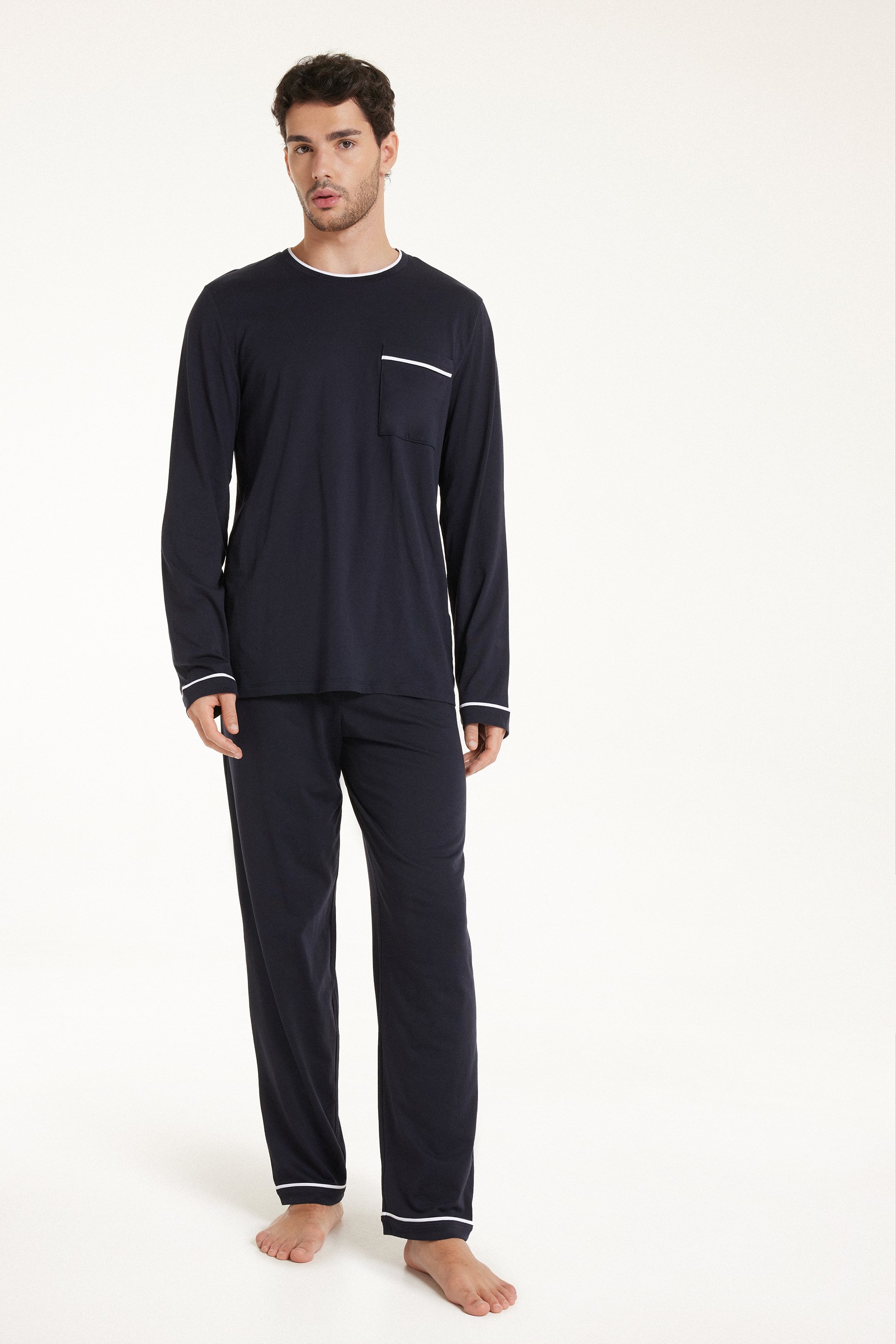 Men’s Full-Length Cotton Pajamas with Piping