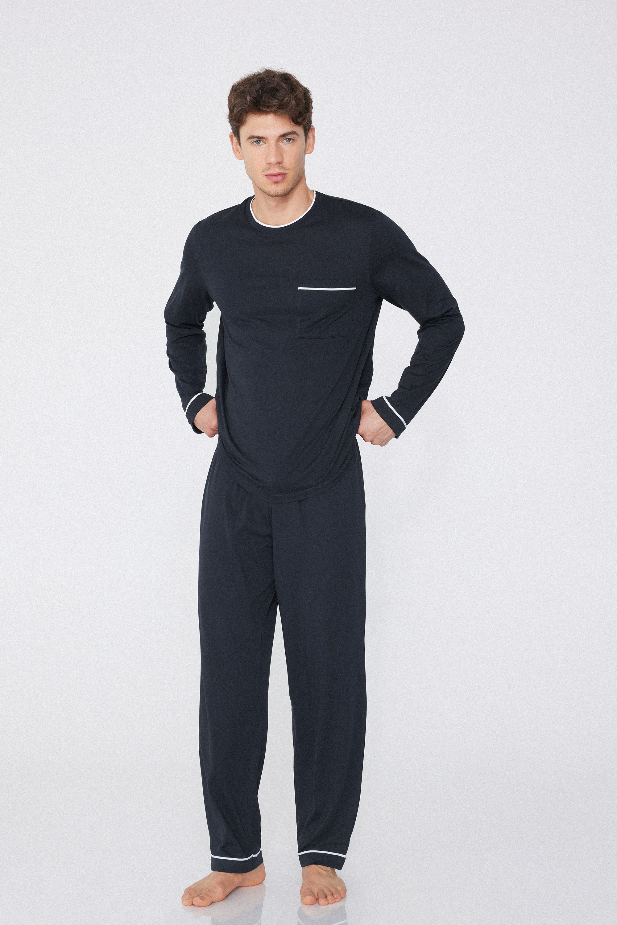 Men’s Full-Length Cotton Pajamas with Piping