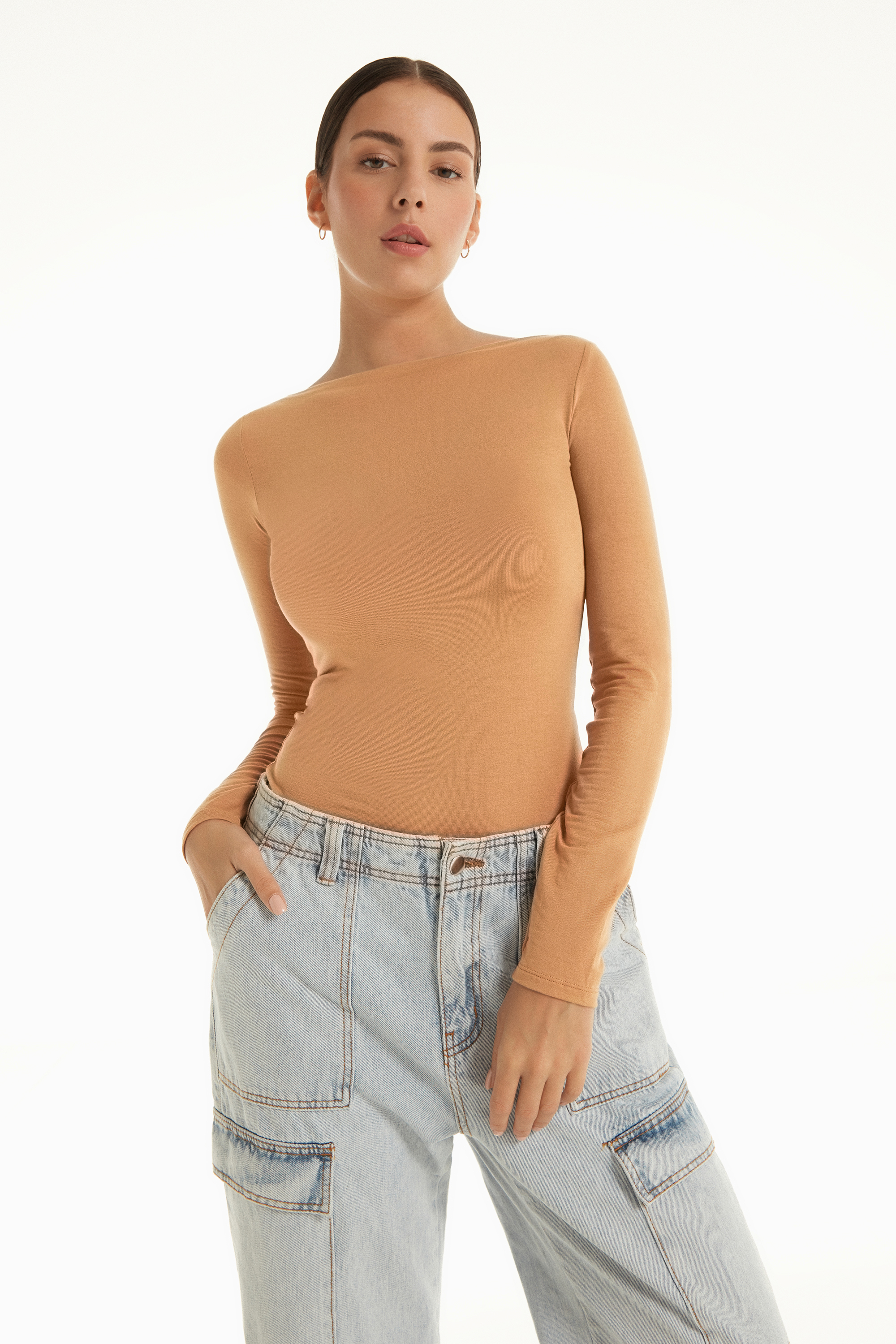 Long-Sleeved Viscose Boat-Neck Top