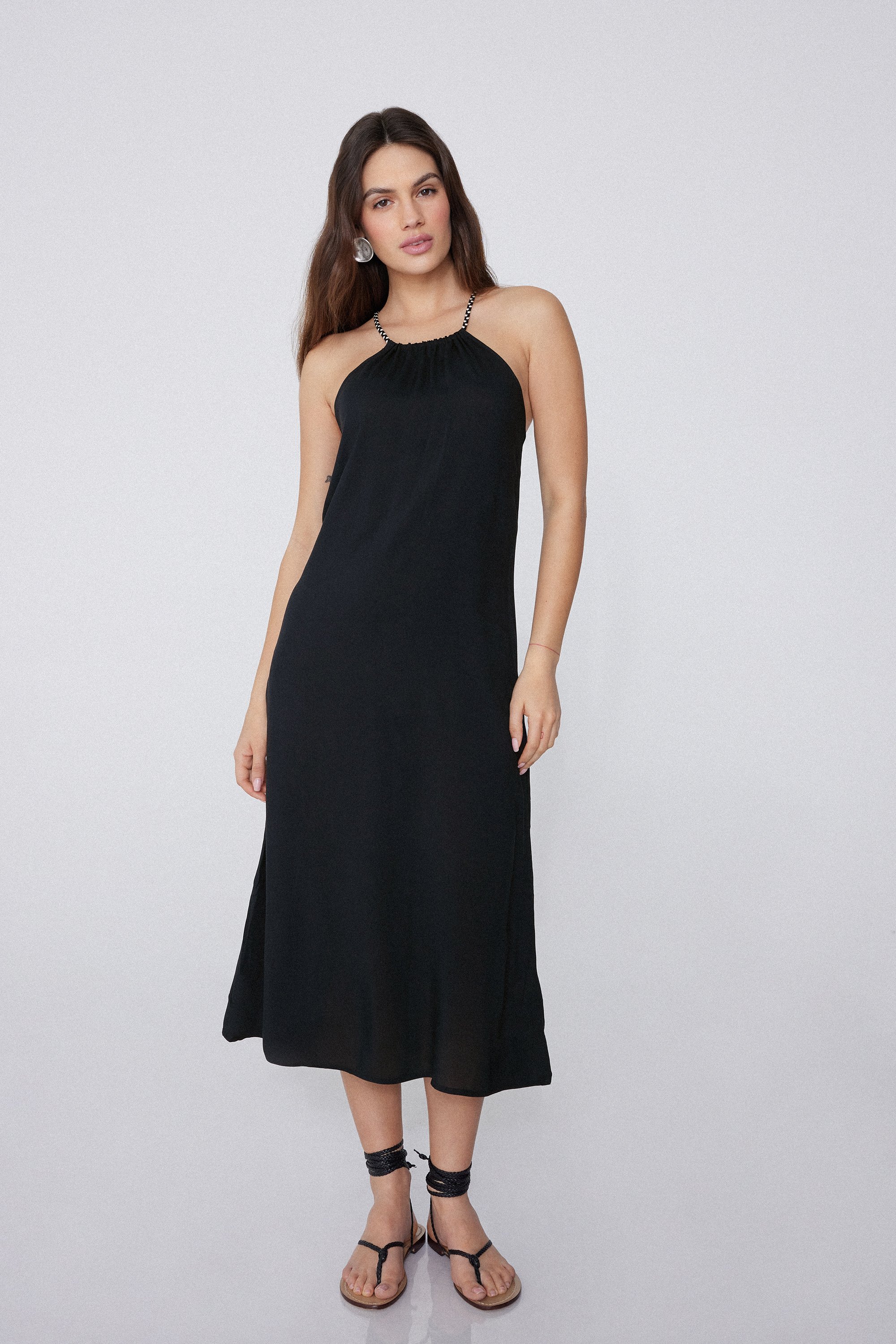Vestido Midi em Tecido de Viscose com Trança