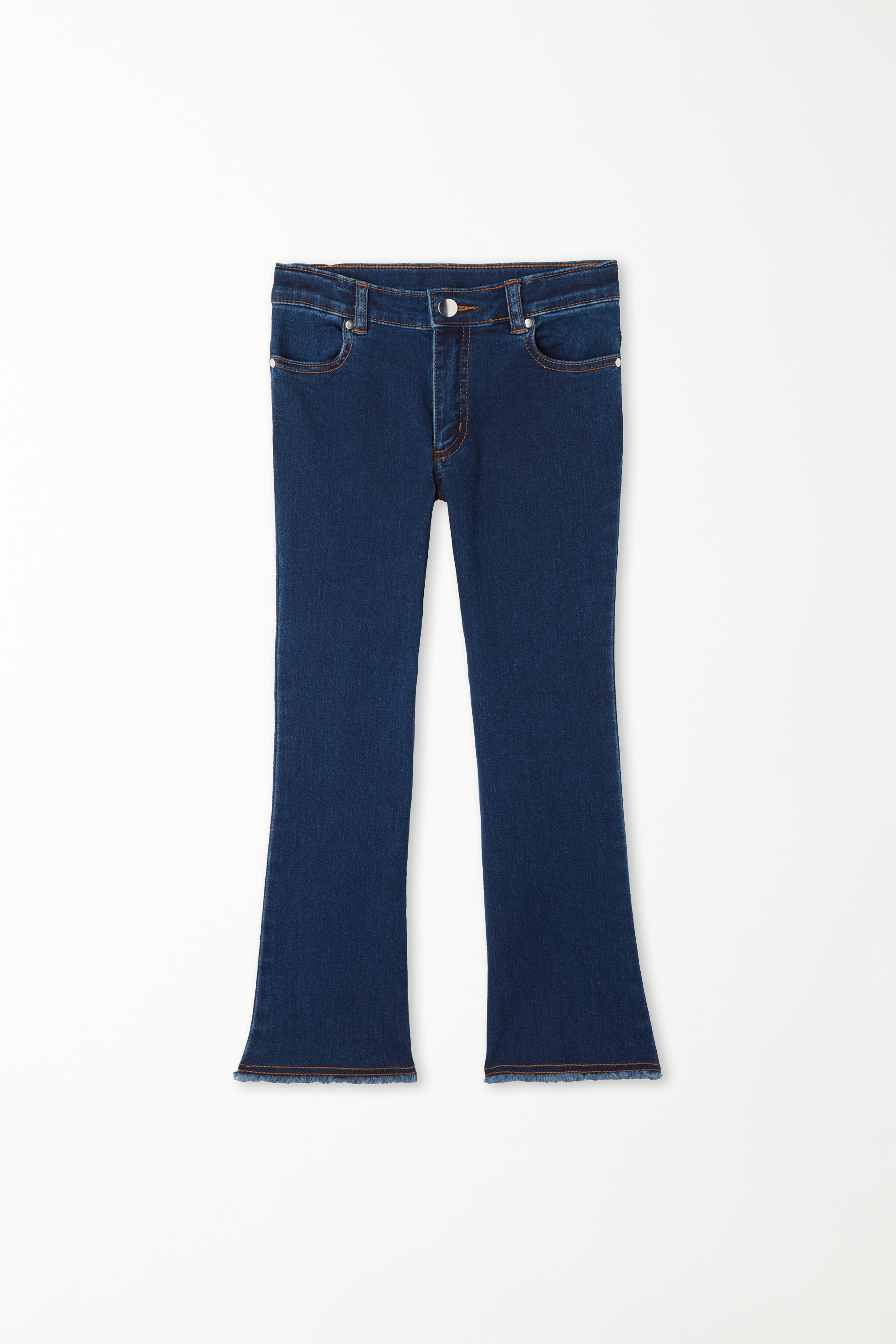 Lange Jeans-Schlaghose mit Reißverschluss und Knopf