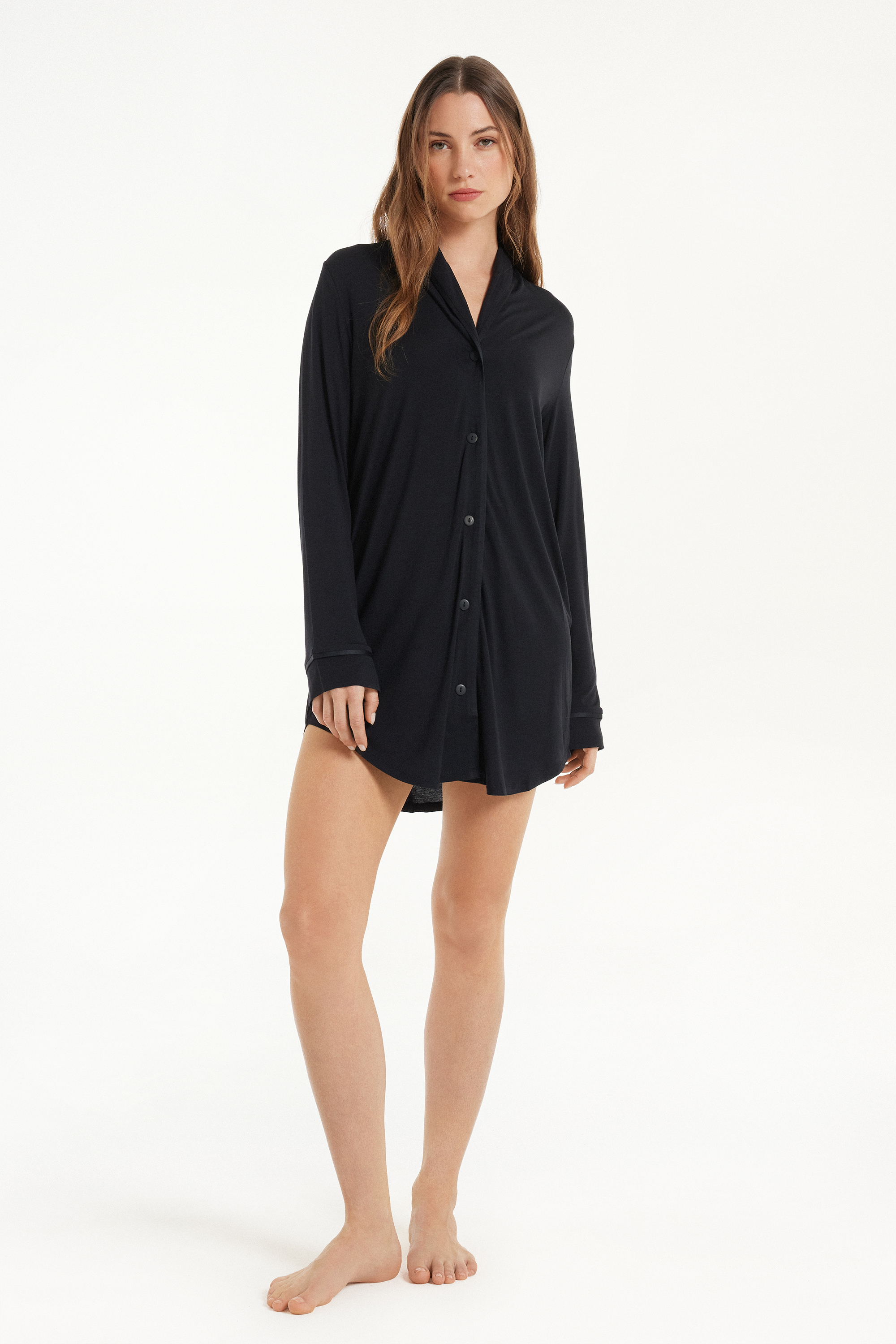 Long-Sleeved Button-Down Satin-Edged Nightgown
