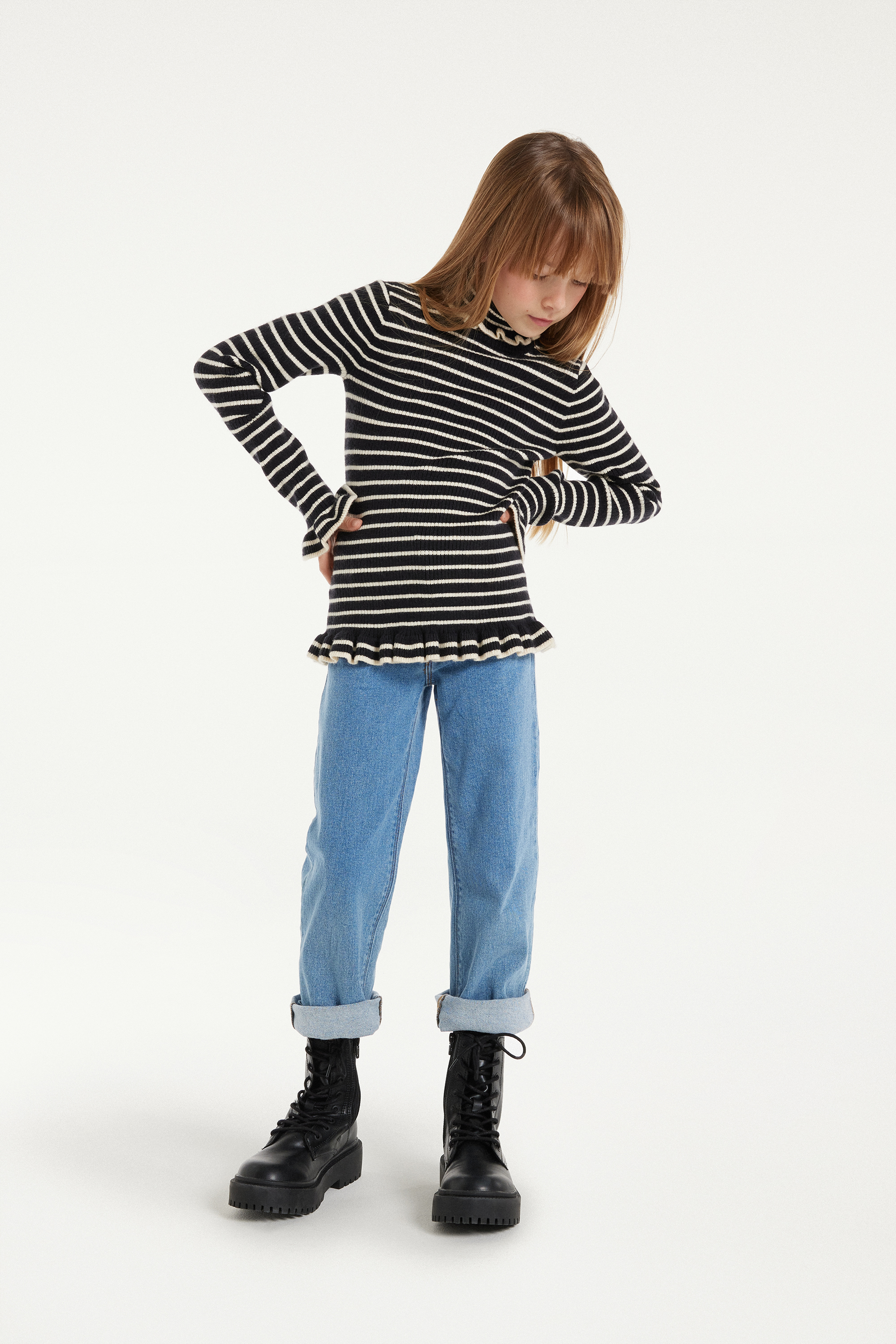 Girls’ Long-Sleeved Ribbed Jersey with Polo Neck and Ruching