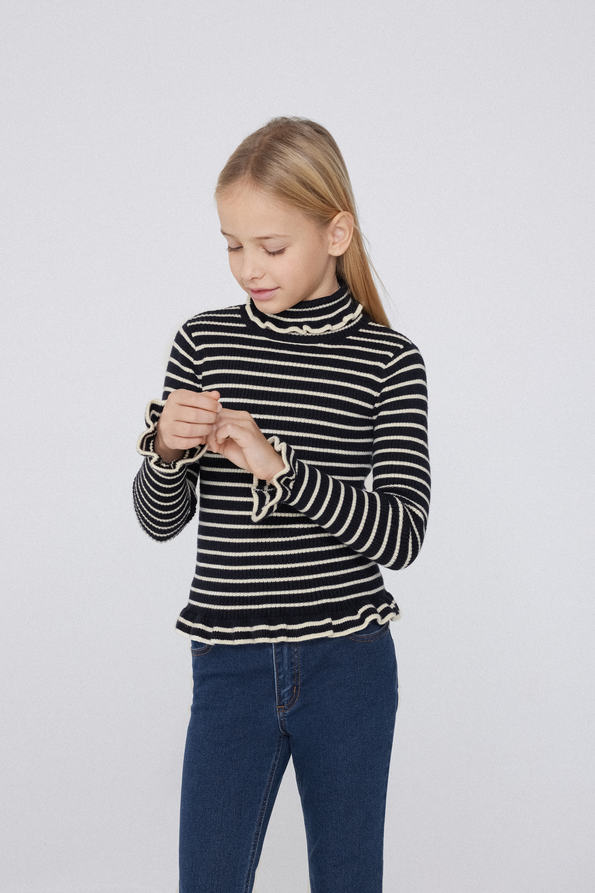 Girls’ Long-Sleeved Ribbed Jersey with Polo Neck and Ruching