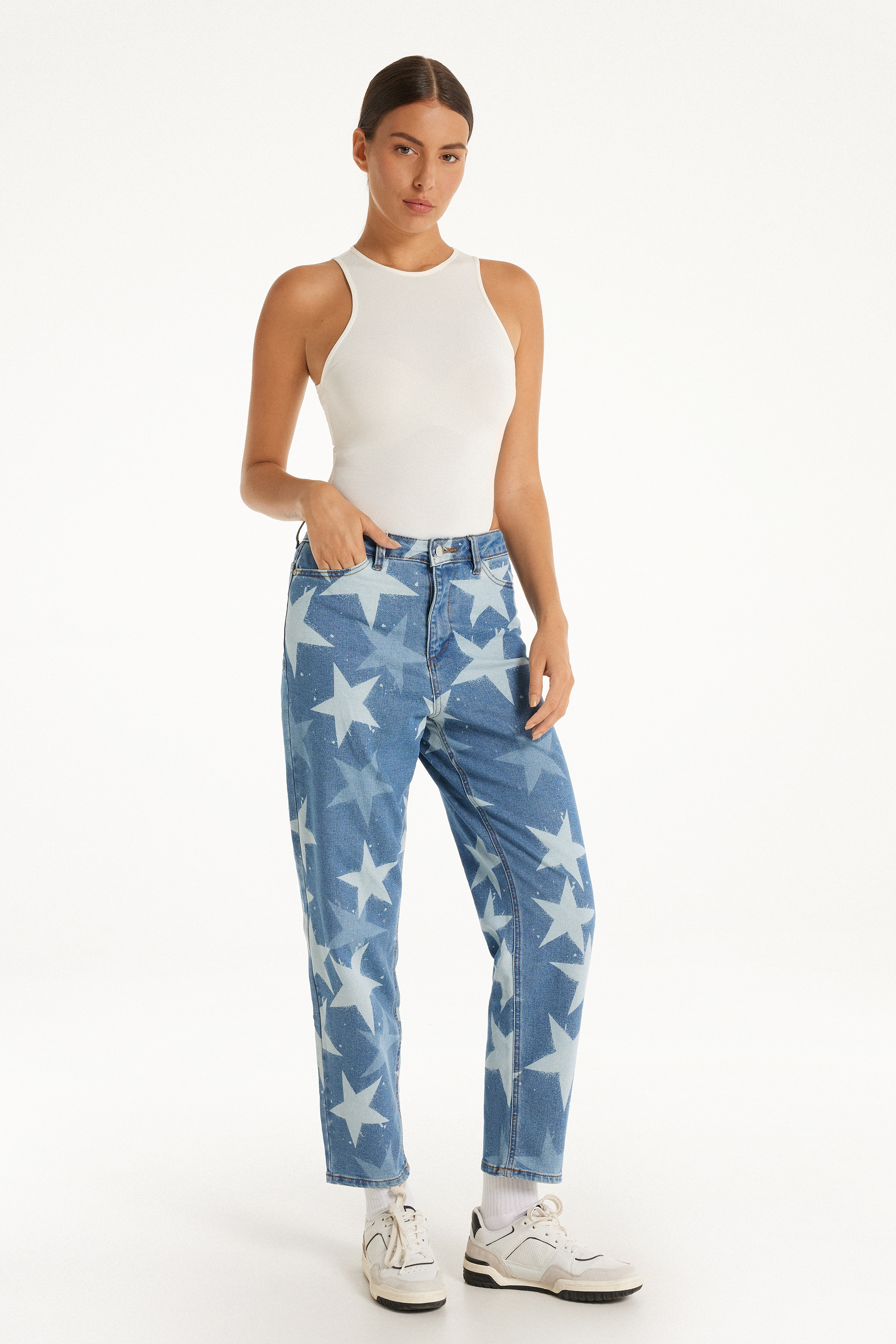 Printed Denim Trousers