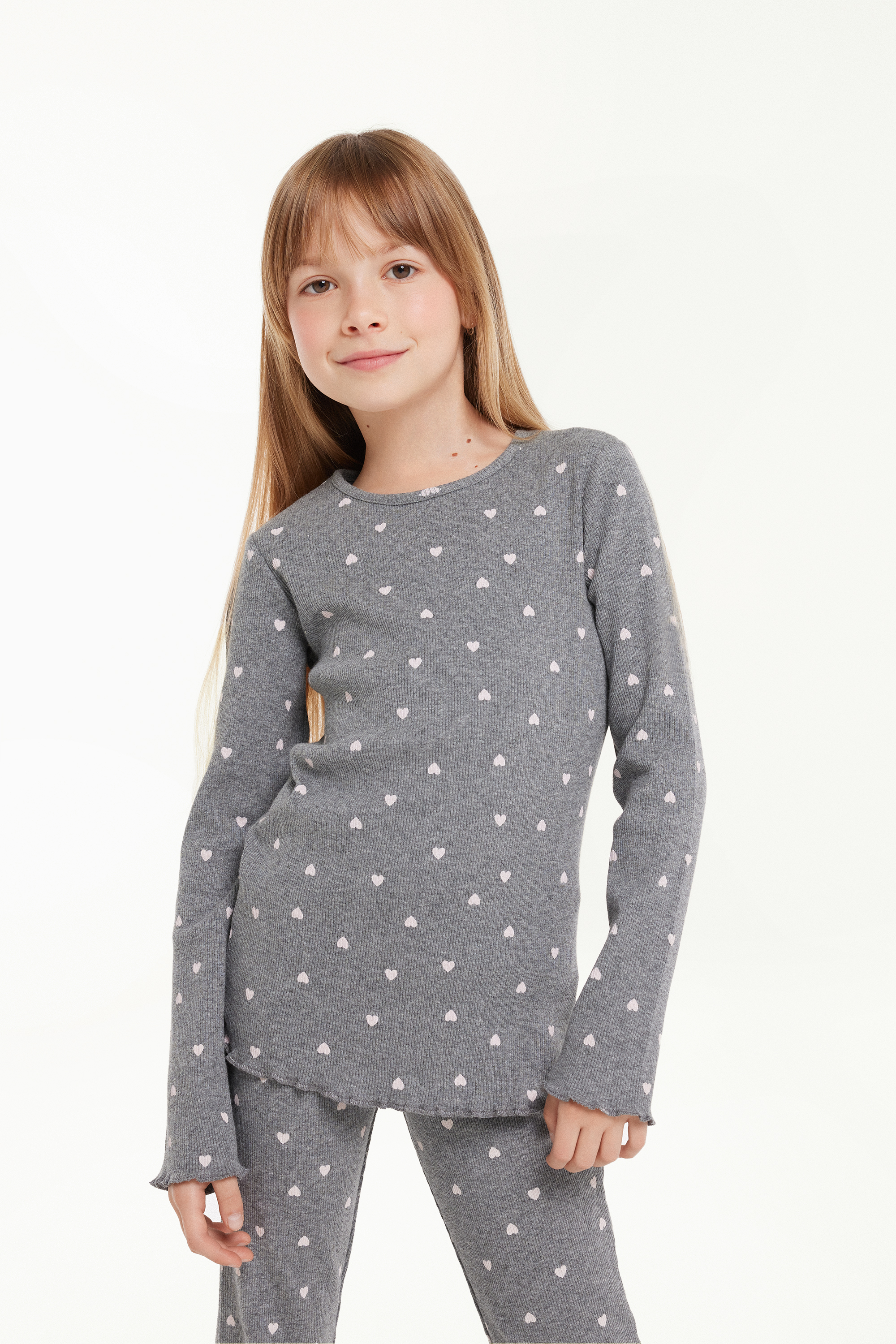 Camiseta de Manga Larga en Canalé Estampada para Niña