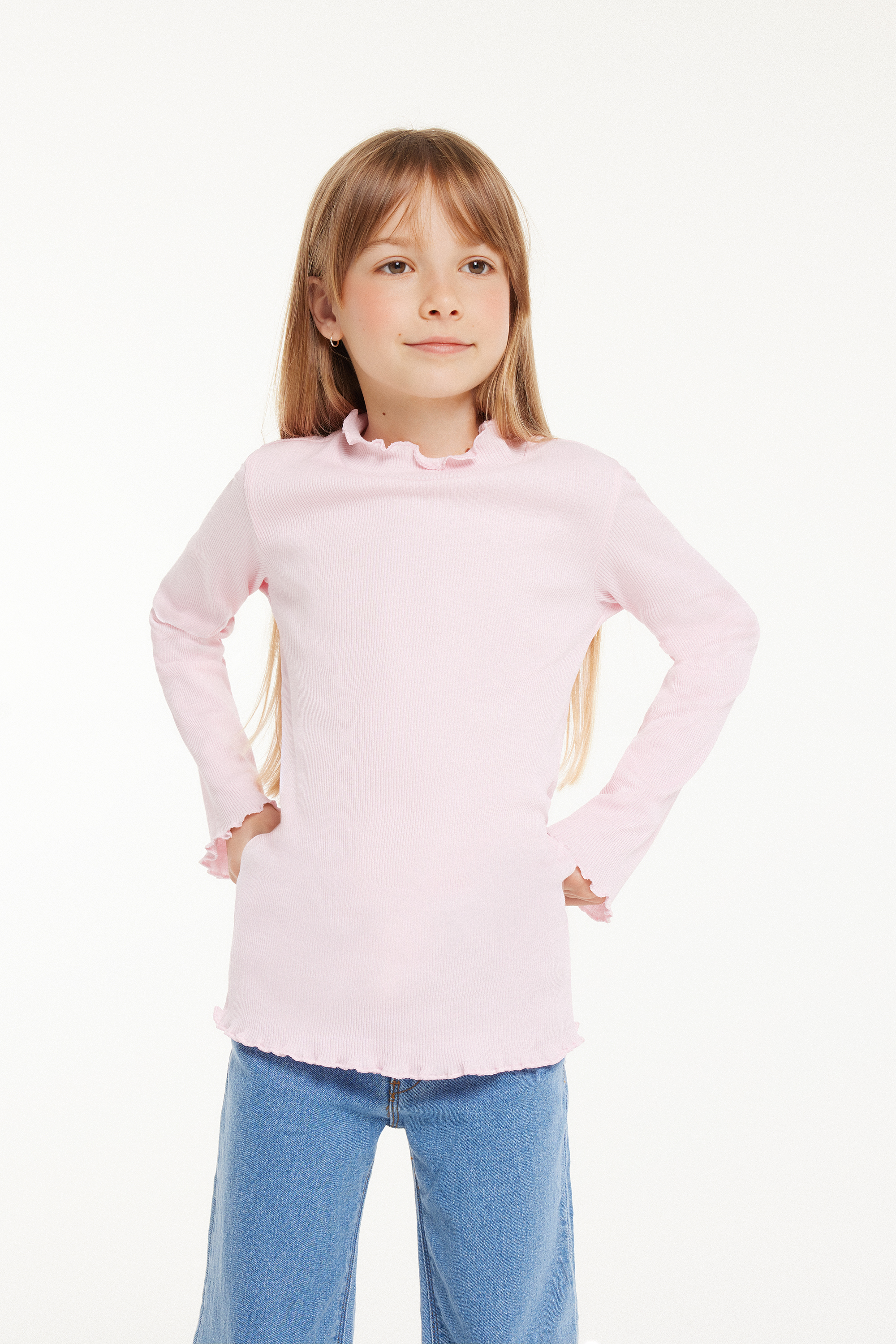 Camiseta de Manga Larga de Canalé y Punto Sobrehilado Festoneado para Niña