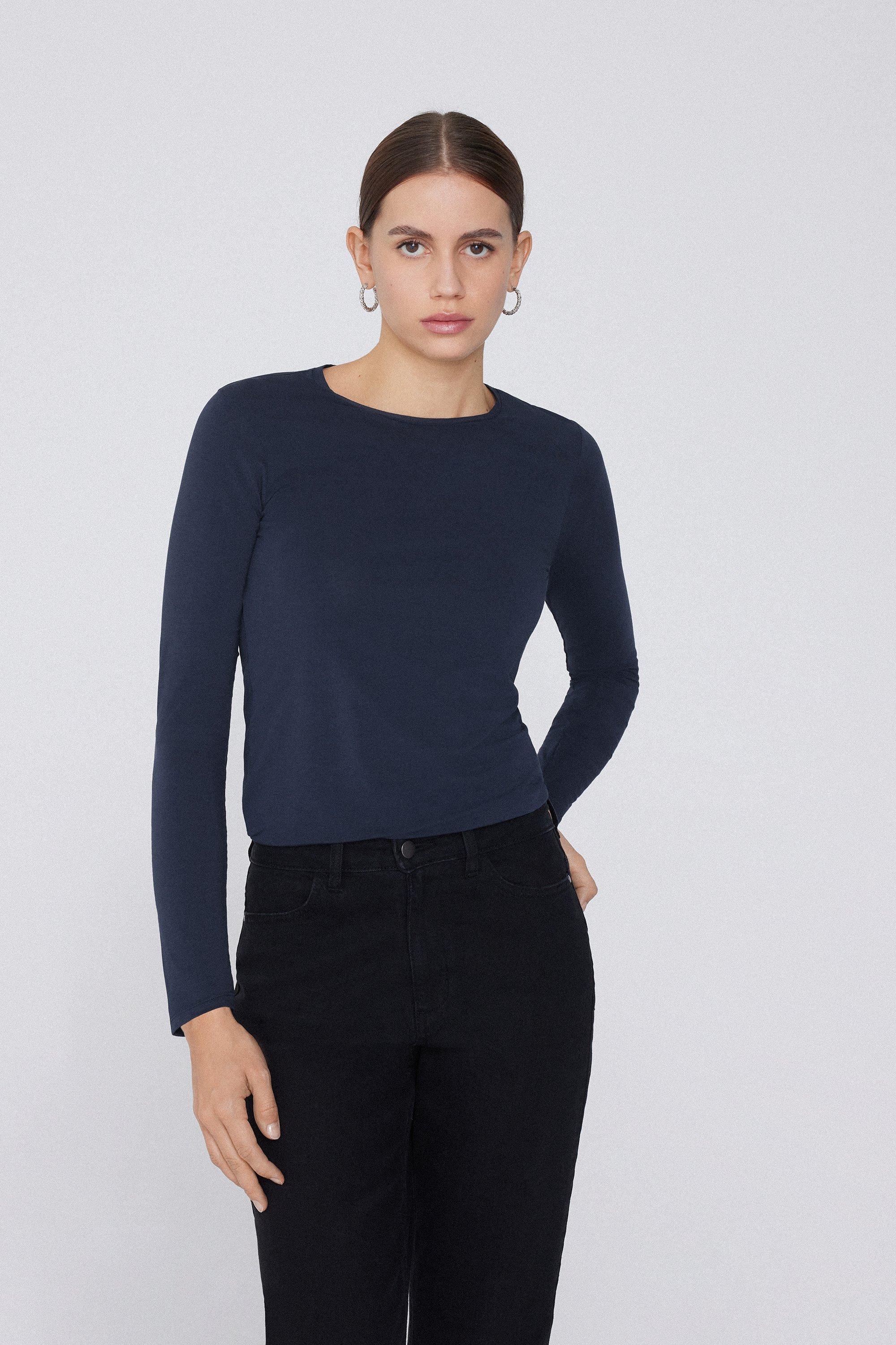 Long-Sleeve Crew-Neck Stretch-Cotton Top