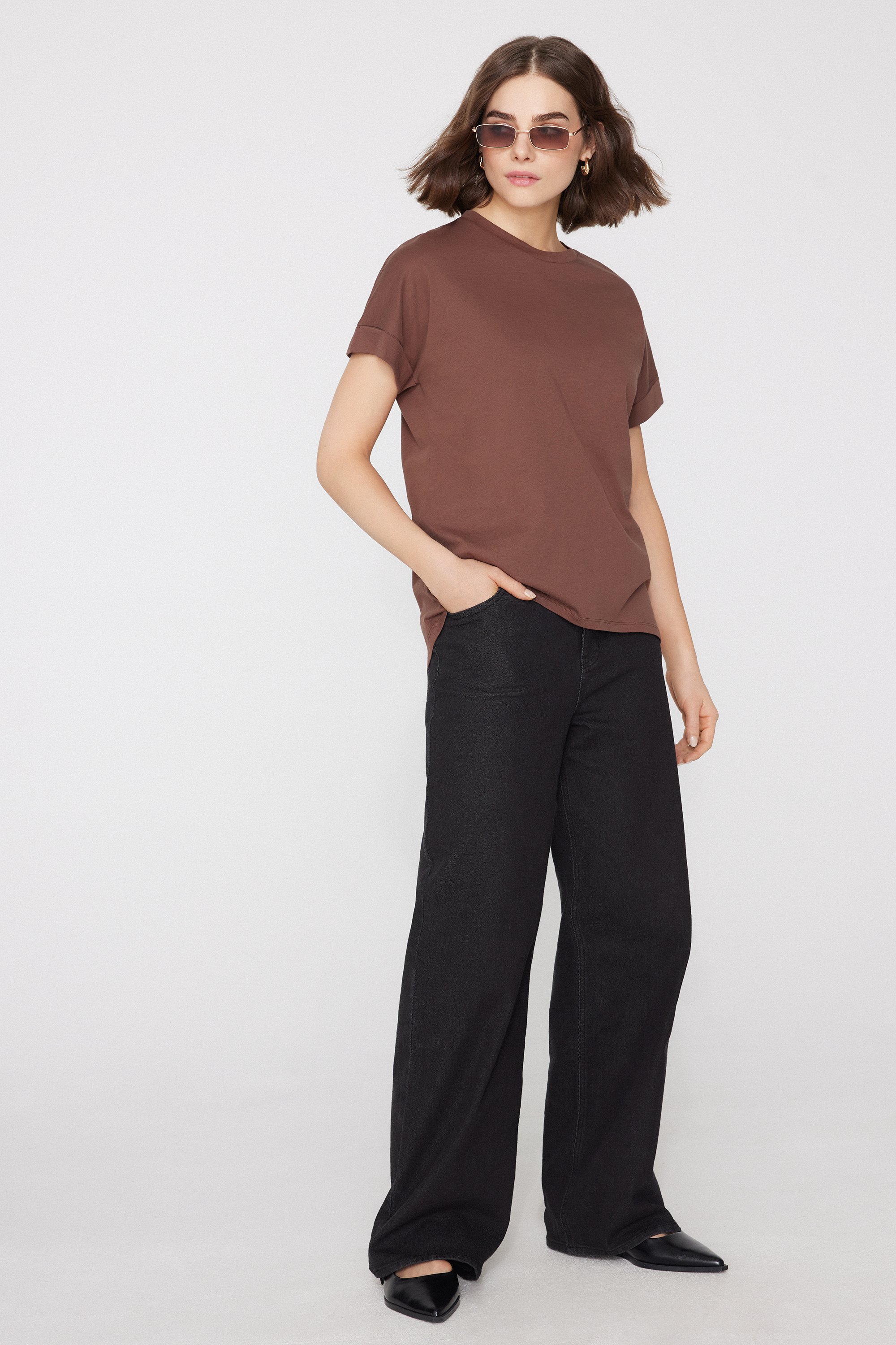 Turned-Up Kimono Sleeve Cotton T-Shirt
