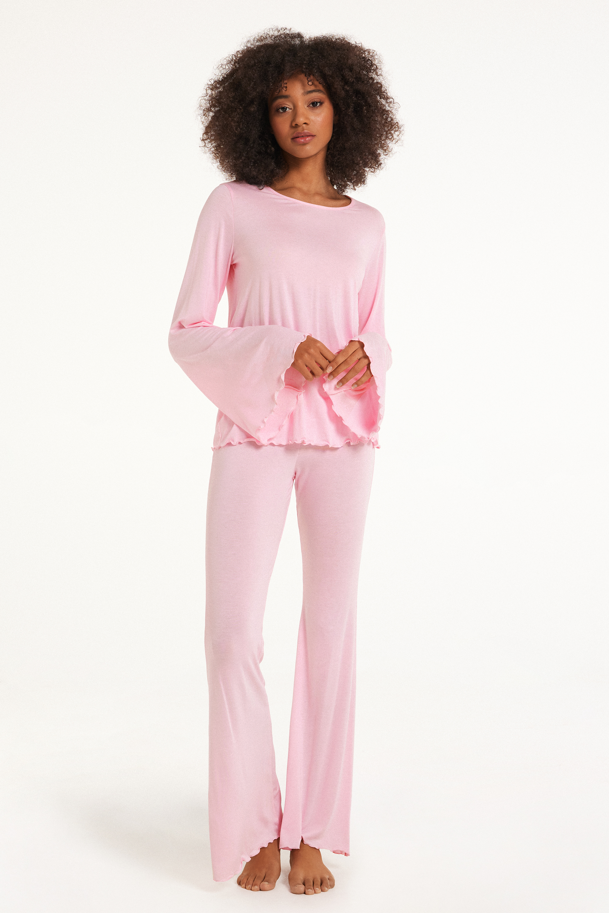 Solid Color Viscose Full Length Flared Pajamas