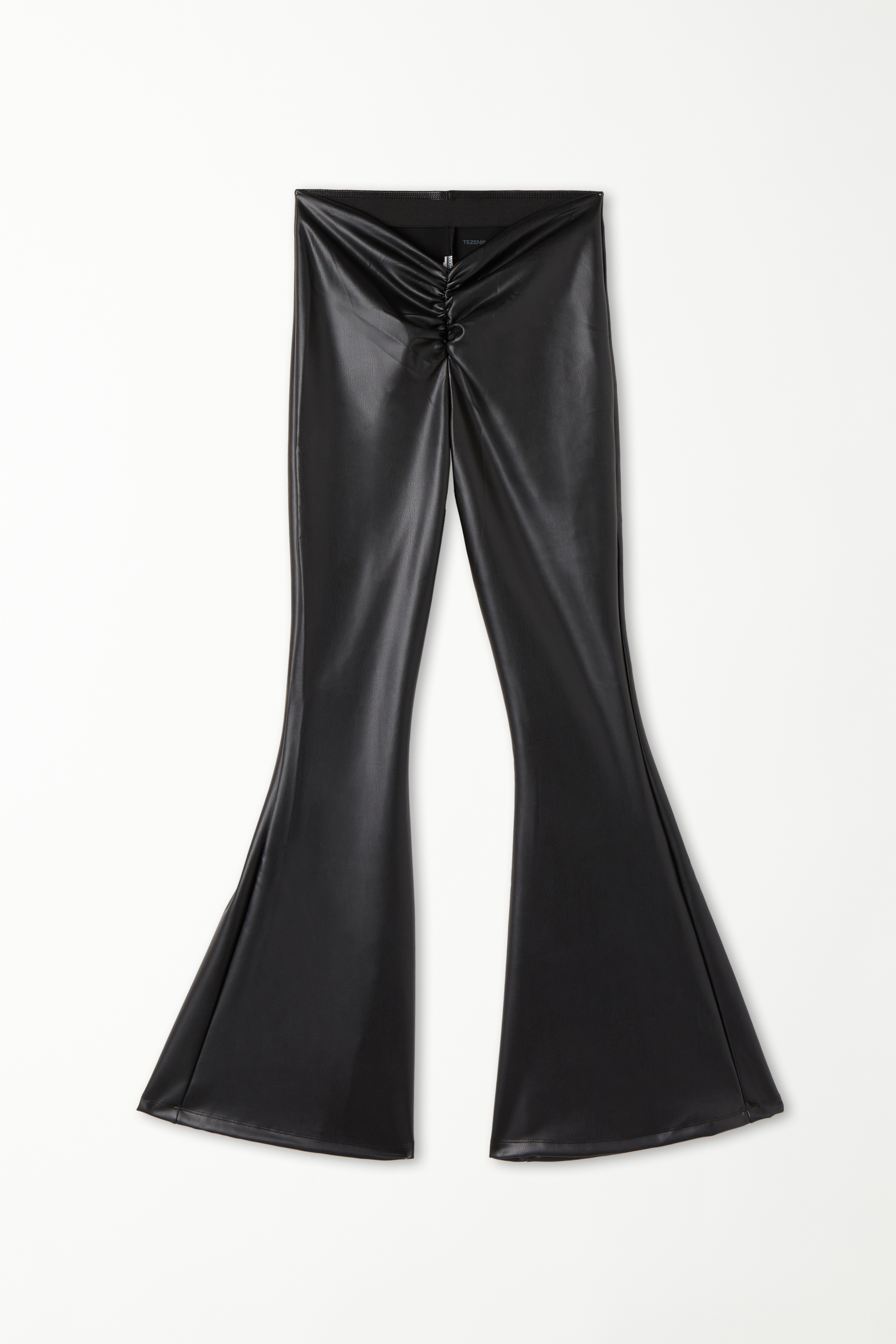 Coated-Effect Flared Trousers with Gathered Waist