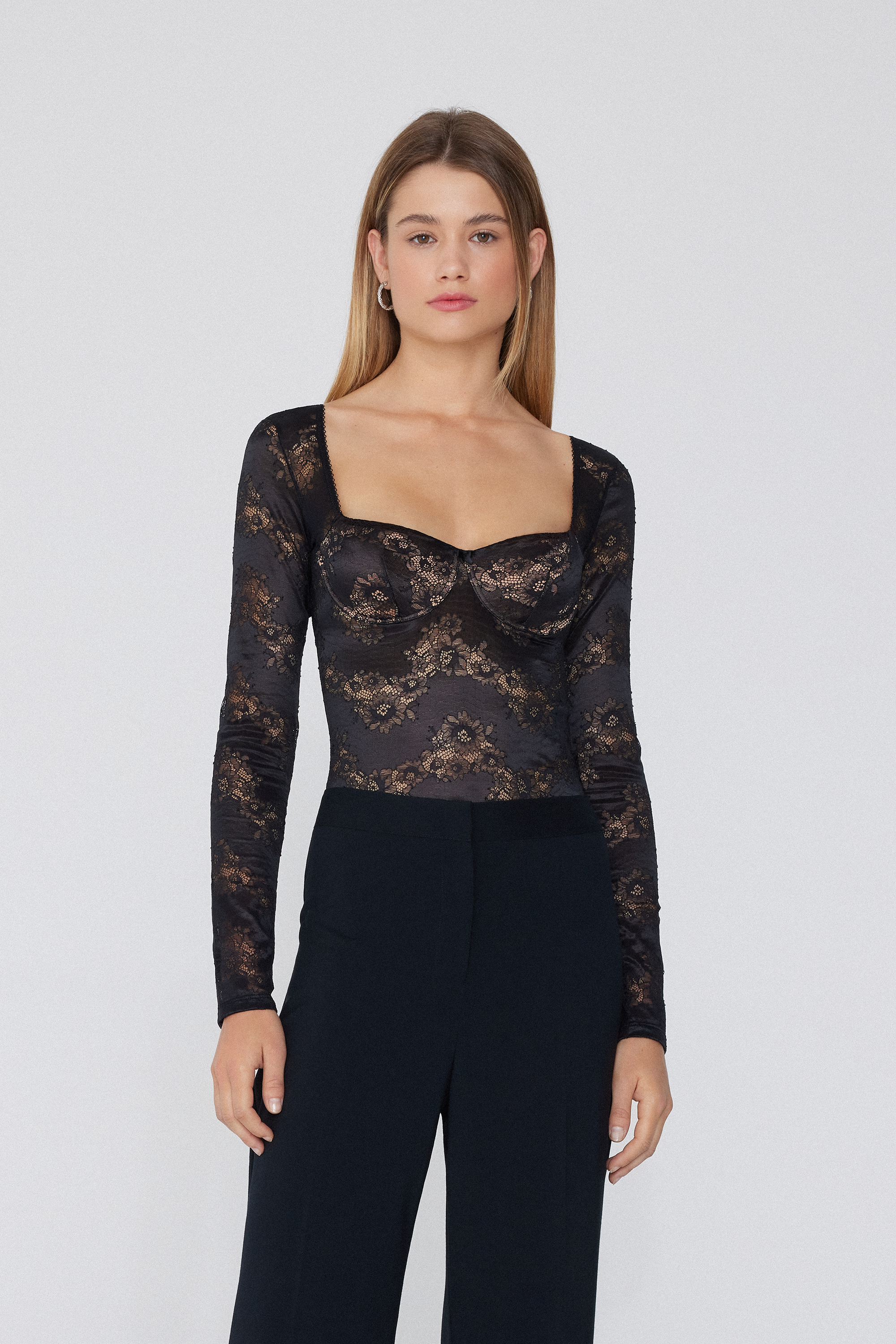 Noir Opulence Long-Sleeved Balconette Bodysuit.