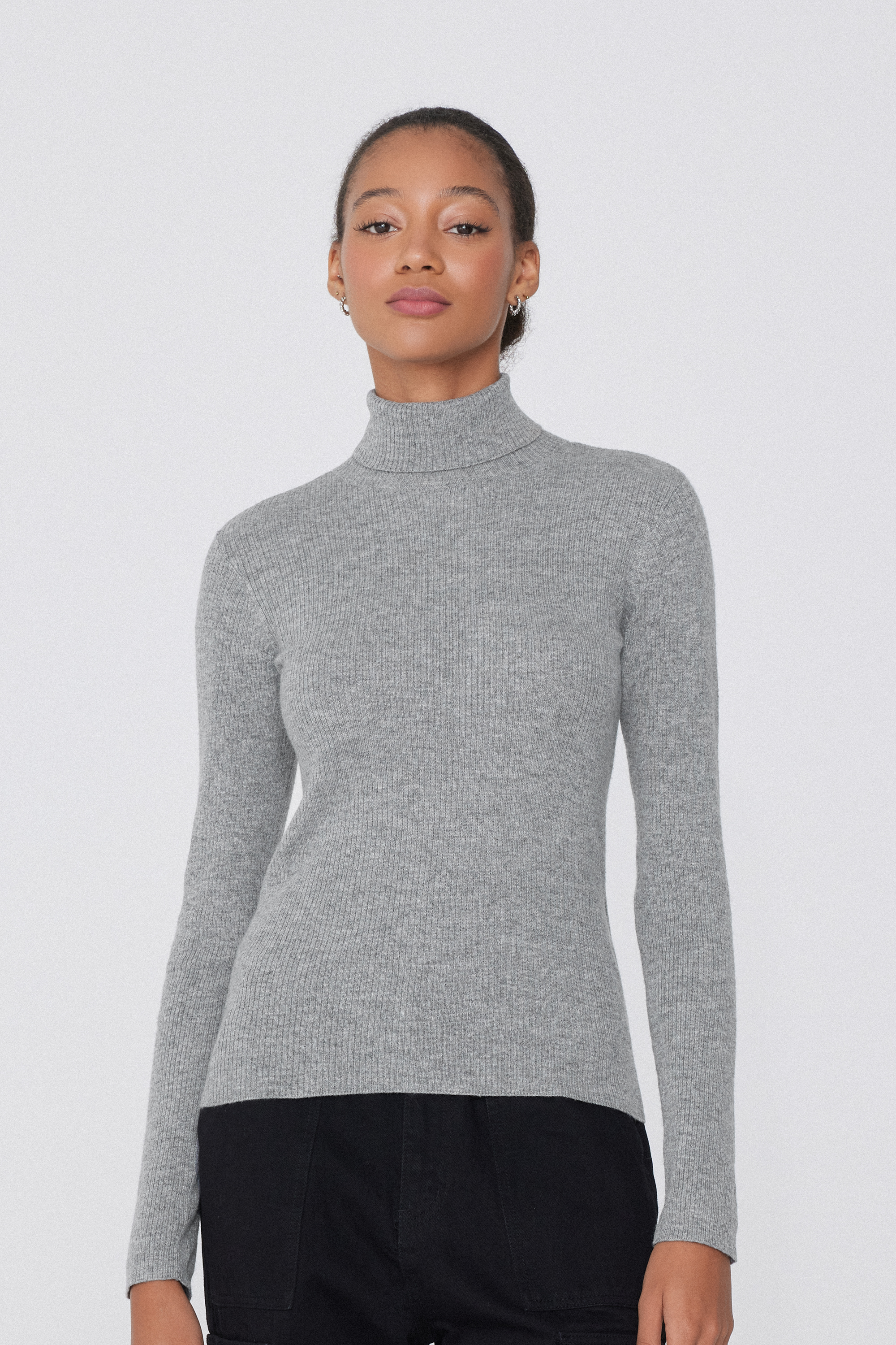 Long Sleeve Ribbed Polo Neck Heavy Knitwear with Wool