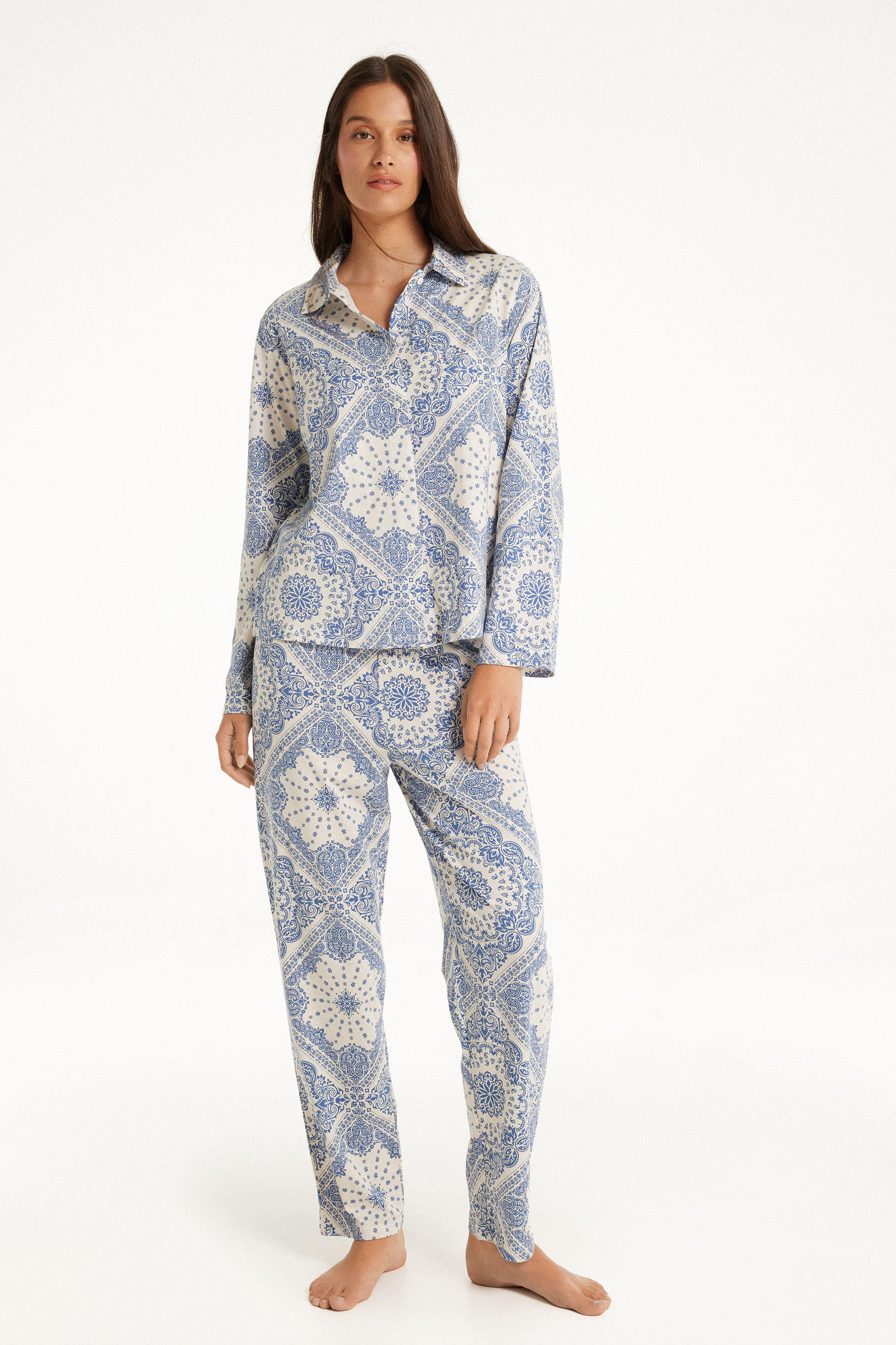 Button-Down Full-Length Cotton Pajamas