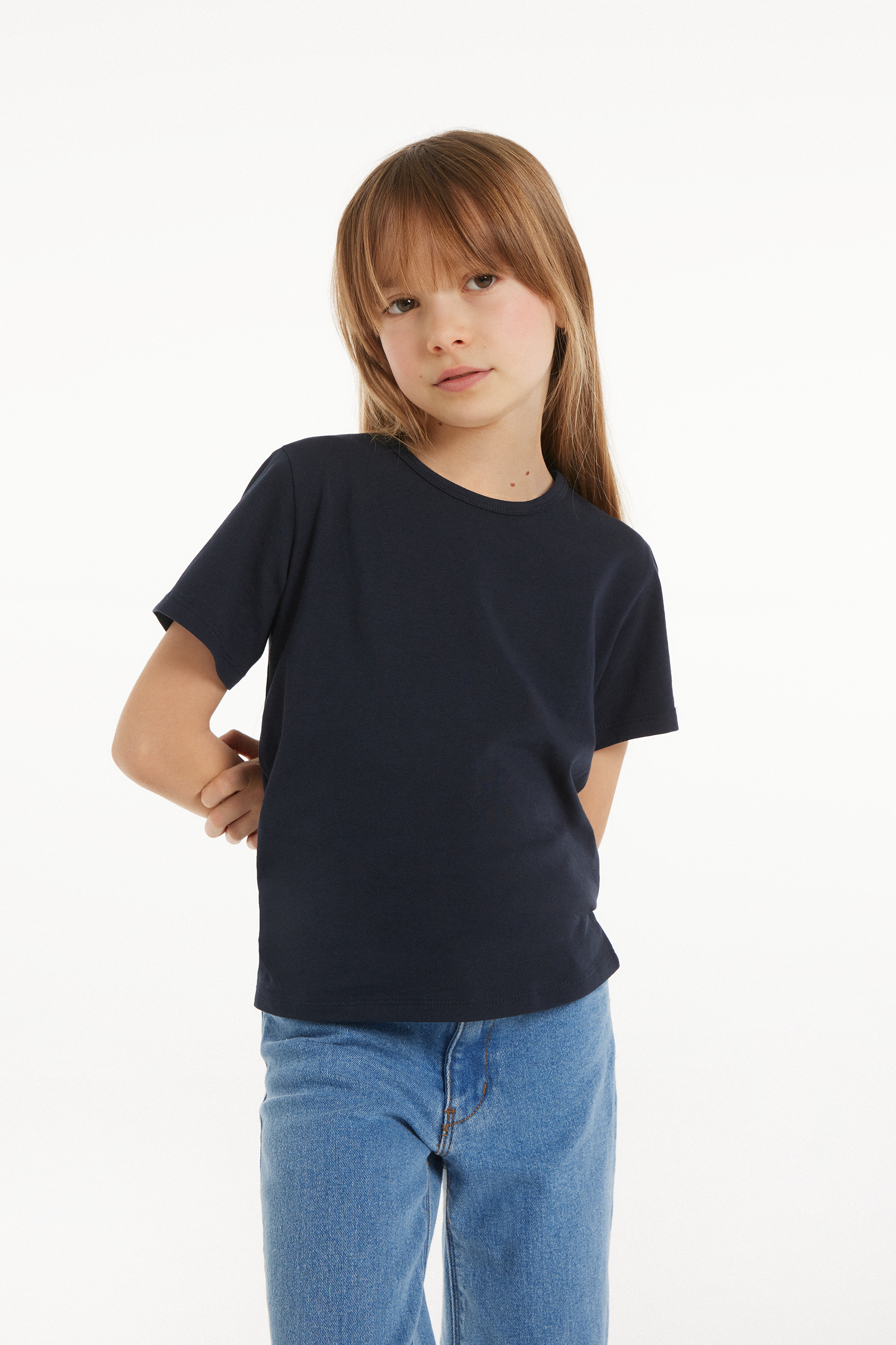 Unisex Kids’ Basic Stretch Cotton T-Shirt with Rounded Neck